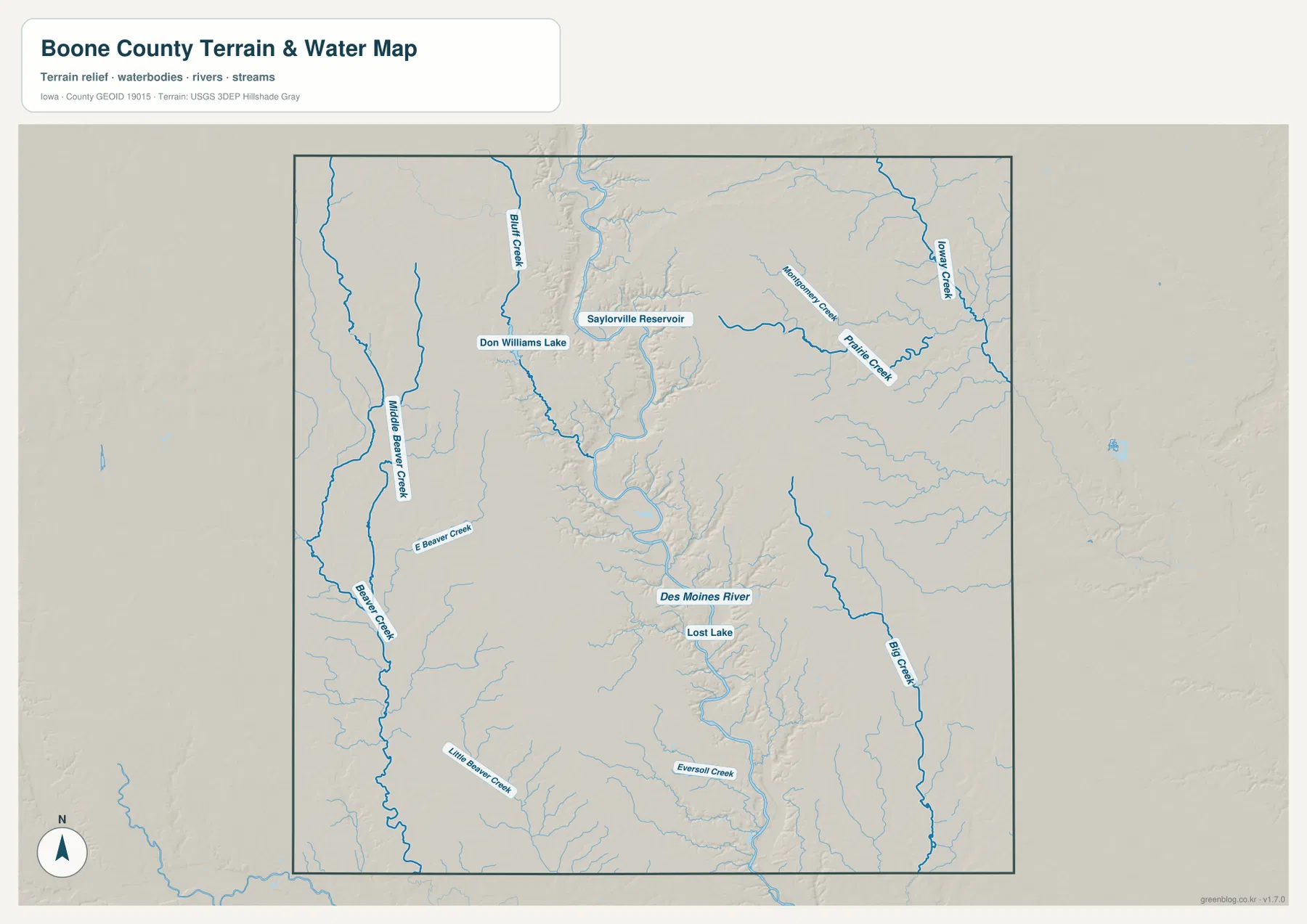 Boone County terrain and water map with the Des Moines River, Saylorville Reservoir, Don Williams Lake, and tributaries