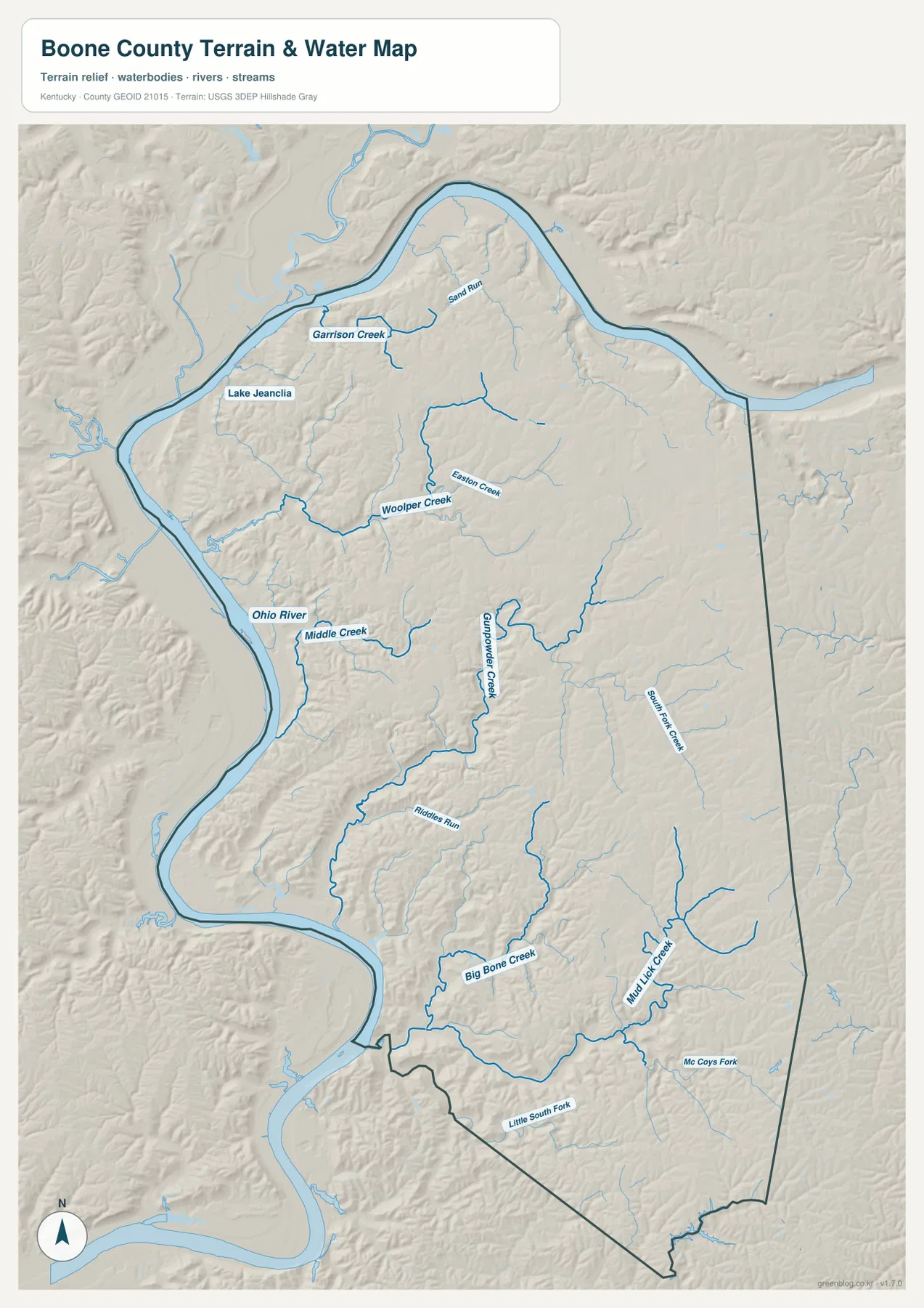 Boone County Kentucky terrain and water map showing Ohio River, Gunpowder Creek, Woolper Creek, Middle Creek and Big Bone Creek