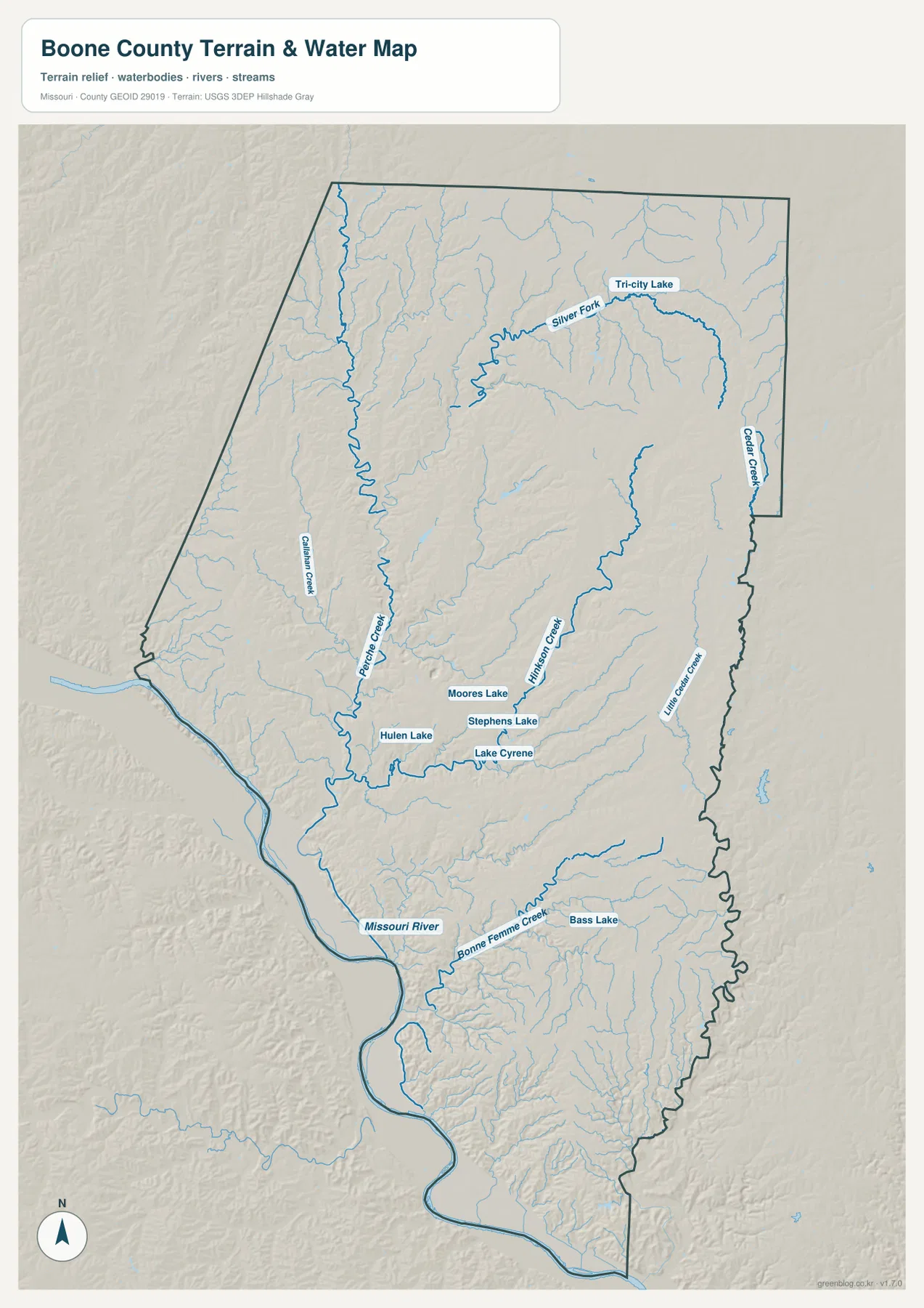 Missouri River, Perche Creek, Hinkson Creek, Bonne Femme Creek, Cedar Creek과 주요 호수를 표시한 Boone County 수역 지형 지도