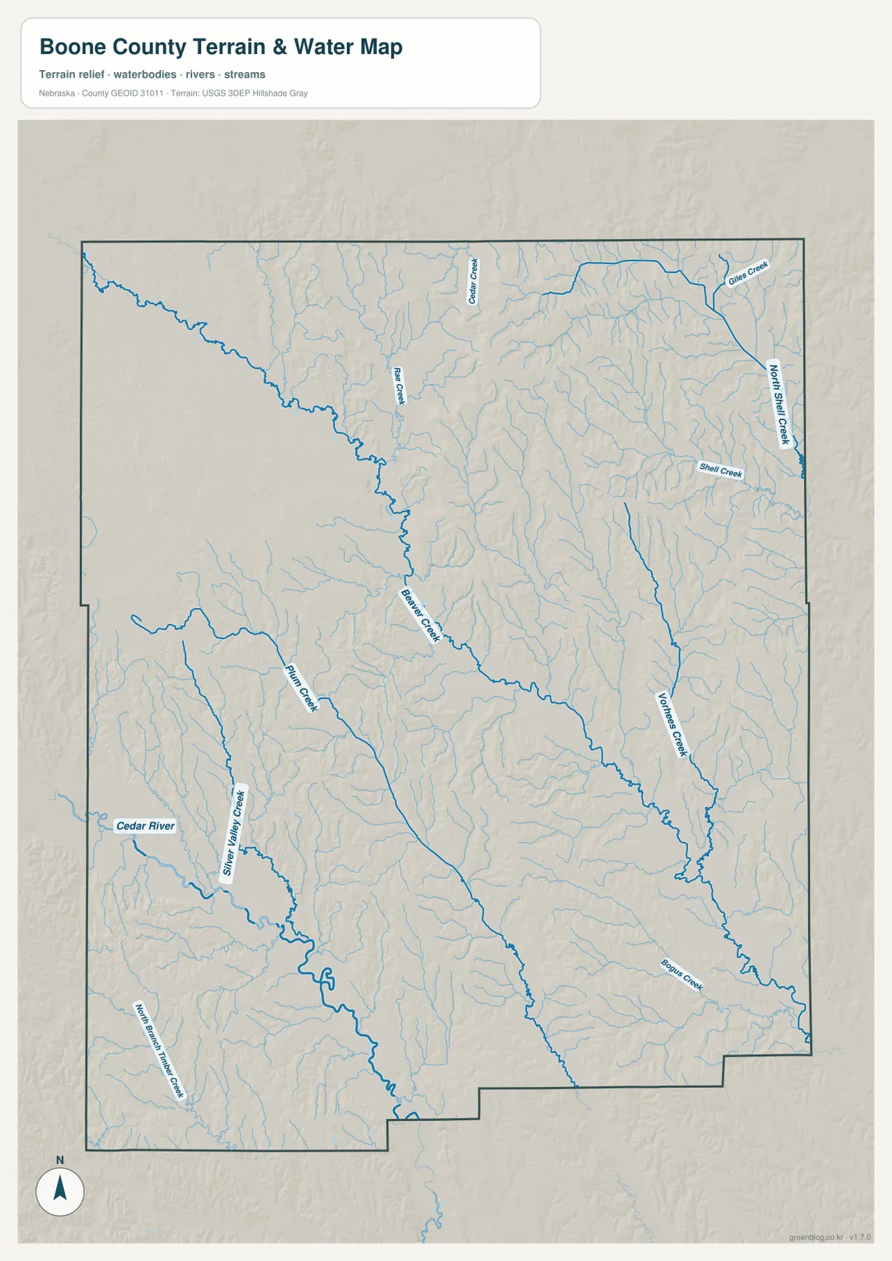 Beaver Creek, Cedar River, Shell Creek, Vorhes Creek 등 Boone County의 하천을 보여 주는 수역 지도