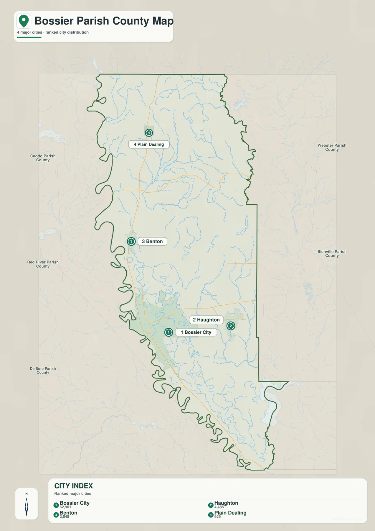 Bossier Parish city distribution map showing Bossier City, Haughton, Benton, Plain Dealing and neighboring Caddo, Webster, Bienville, Red River, and De Soto Parishes