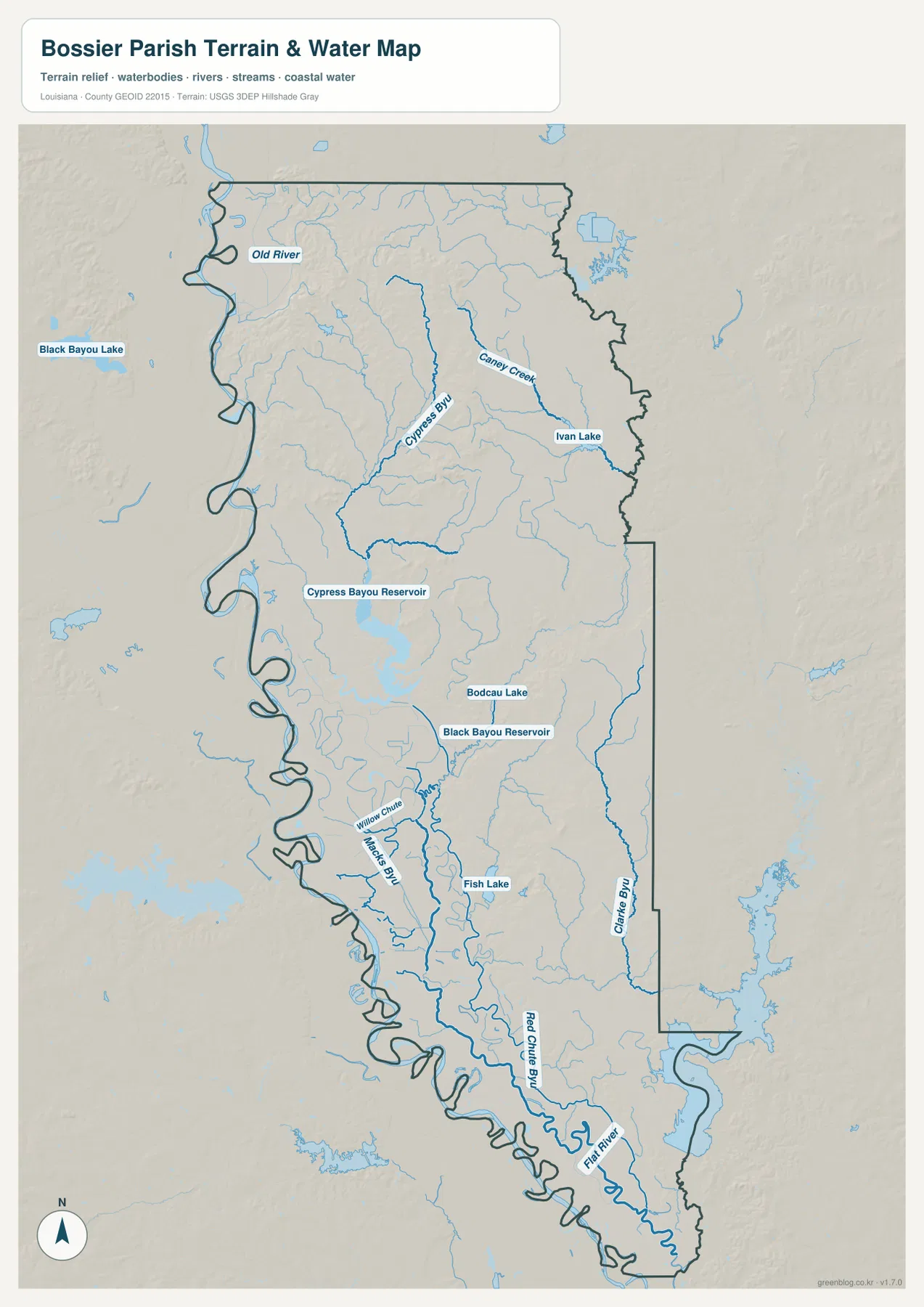 Bossier Parish terrain and water map showing Red River boundary, Old River, Cypress Bayou, Cypress Bayou Reservoir, Caney Creek, Ivan Lake, Bodcau Lake, Black Bayou Reservoir, Willow Chute, Mack Bayou, Fish Lake, Clarke Bayou, Red Chute Bayou, and Flat River