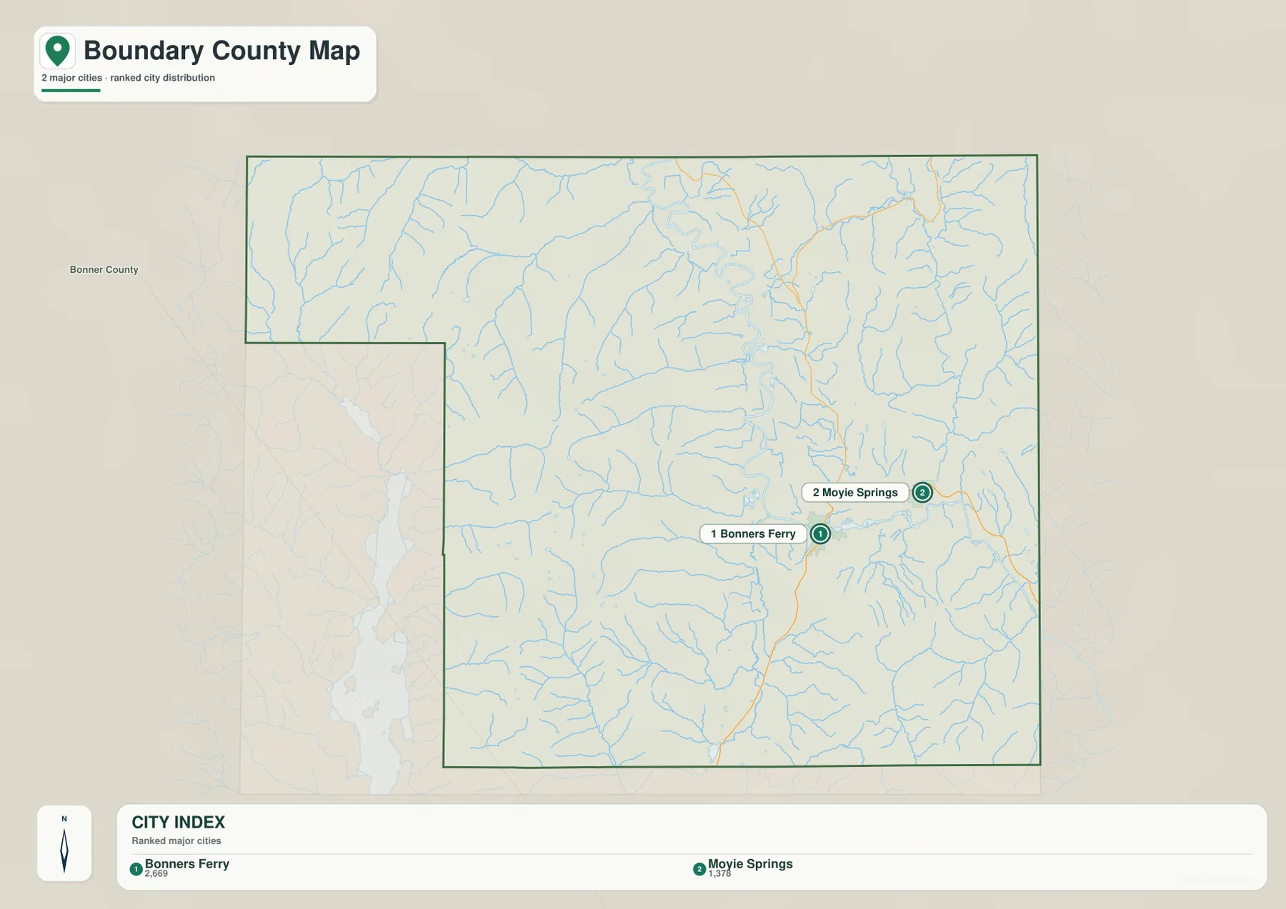 Boundary County 도시 지도에 표시된 Bonners Ferry와 Moyie Springs
