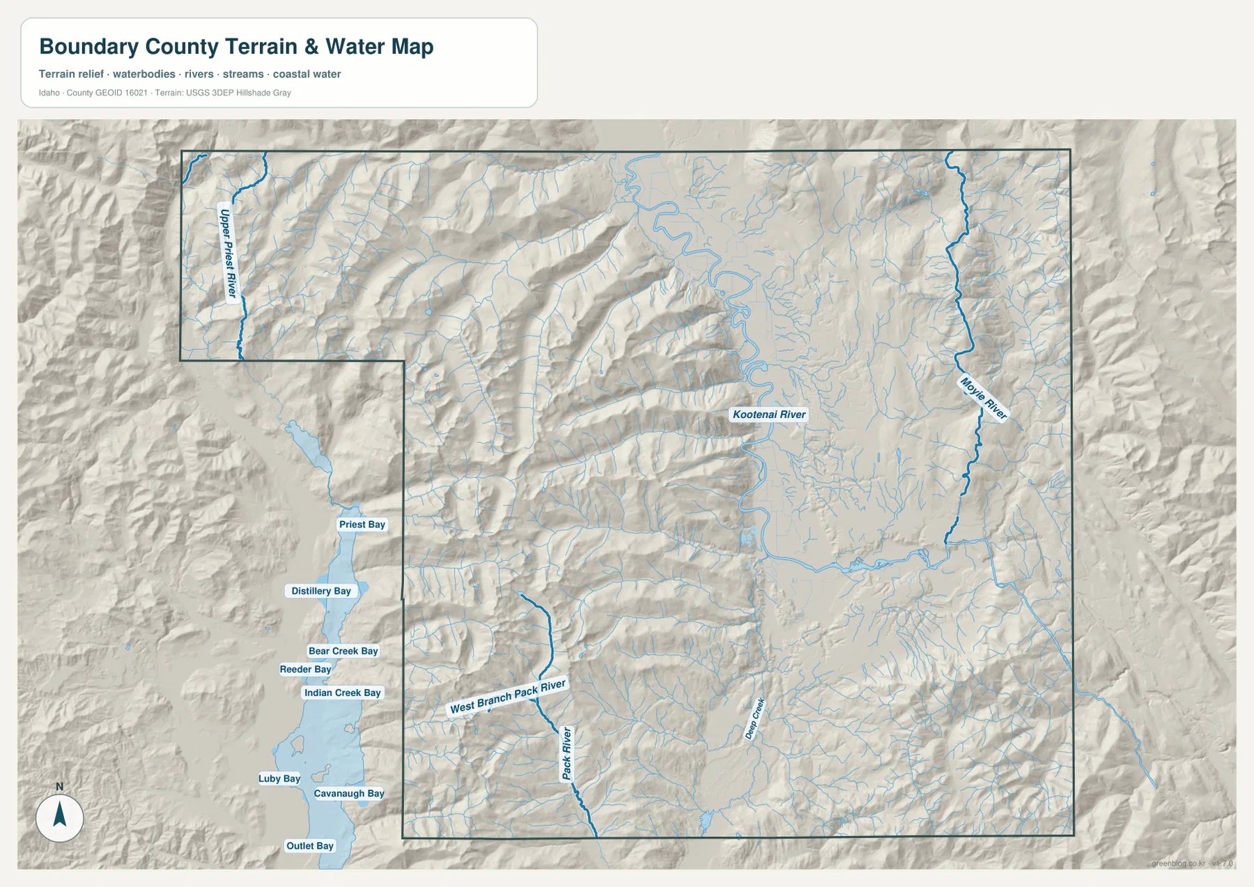 Boundary County 수역 지도에 표시된 Kootenai River, Moyie River, Upper Priest River와 산지 지류