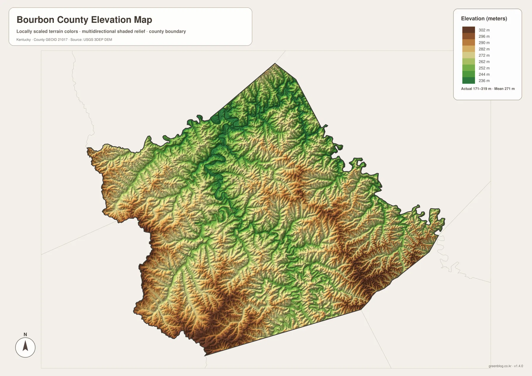 Bourbon County Kentucky elevation map showing 171 to 319 meter relief across Bluegrass horse country