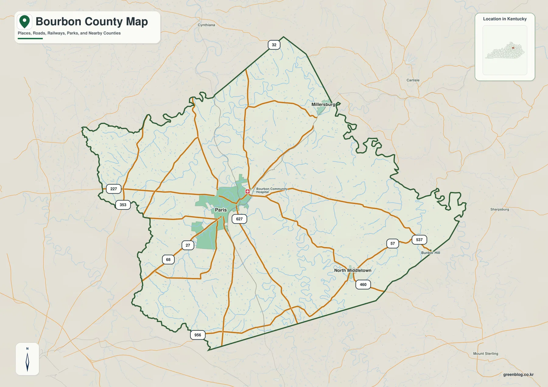 Bourbon County Kentucky map showing Paris, Millersburg, North Middletown, Bunker Hill and major roads