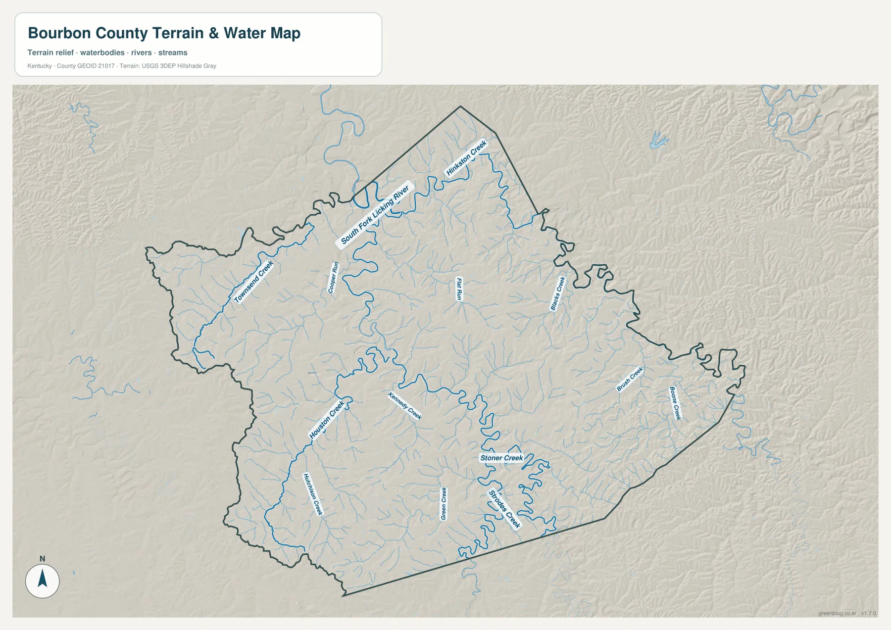 Bourbon County Kentucky terrain and water map showing Stoner Creek, South Fork Licking River, Hinkston Creek and Strodes Creek