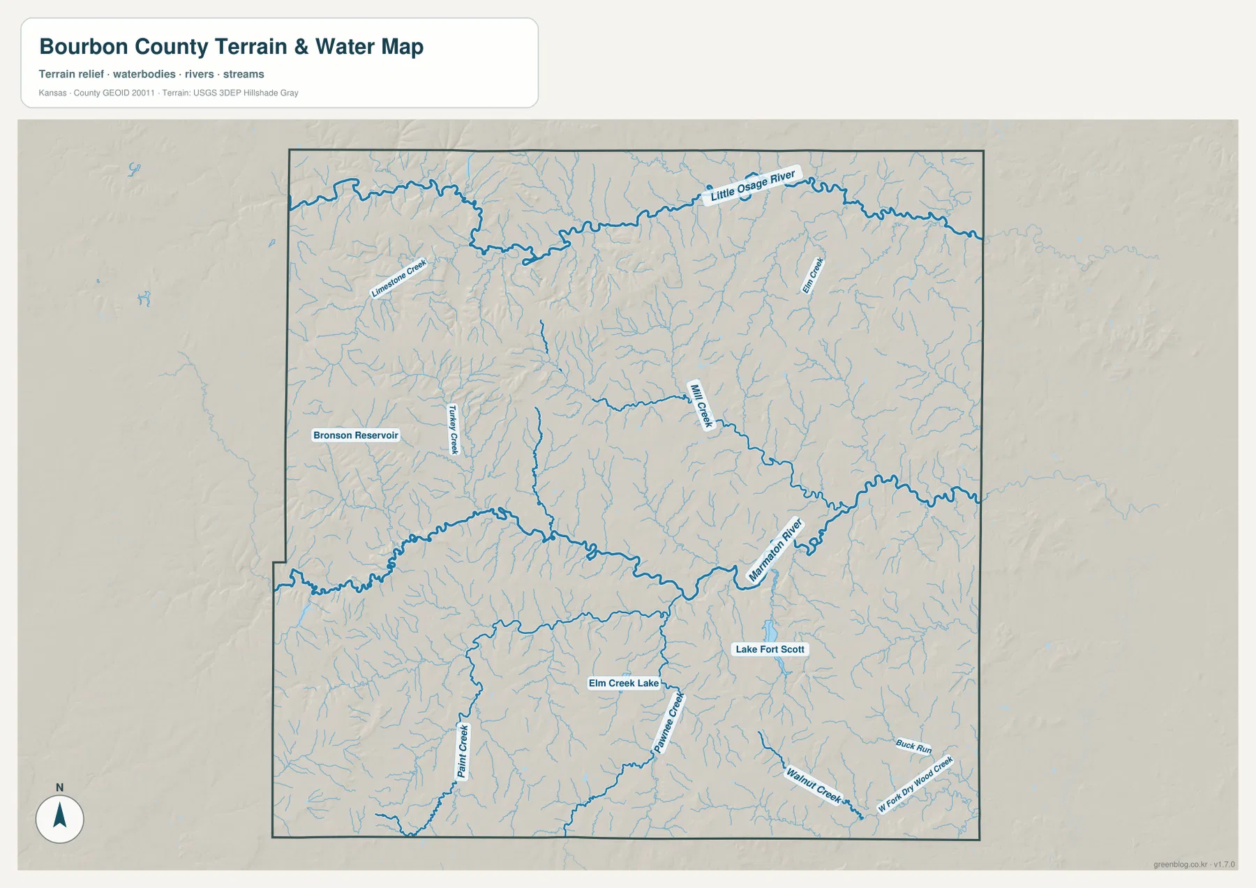 Little Osage River, Marmaton River, Bronson Reservoir, Lake Fort Scott와 여러 지류가 표시된 버번 카운티 수역·지형 지도