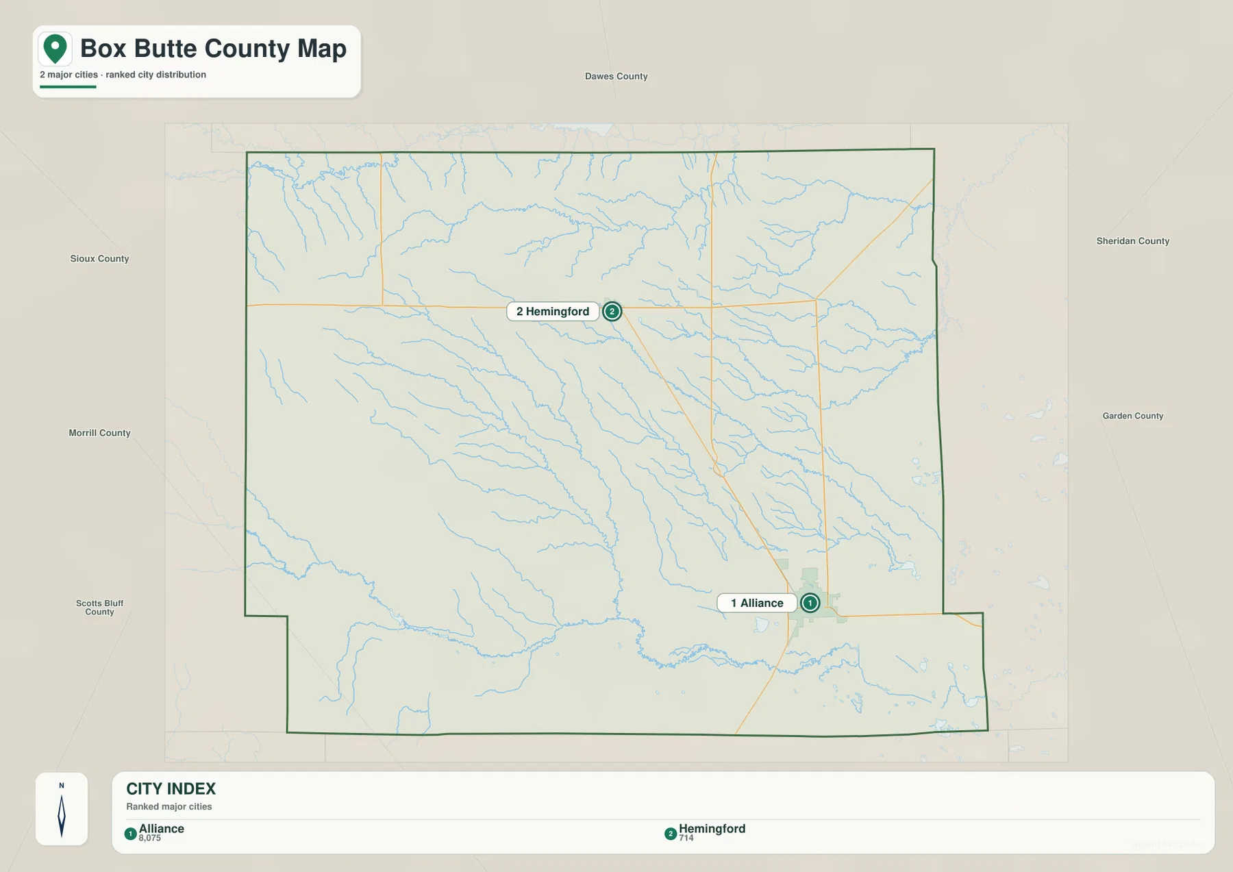 Box Butte County city distribution map ranking Alliance and Hemingford