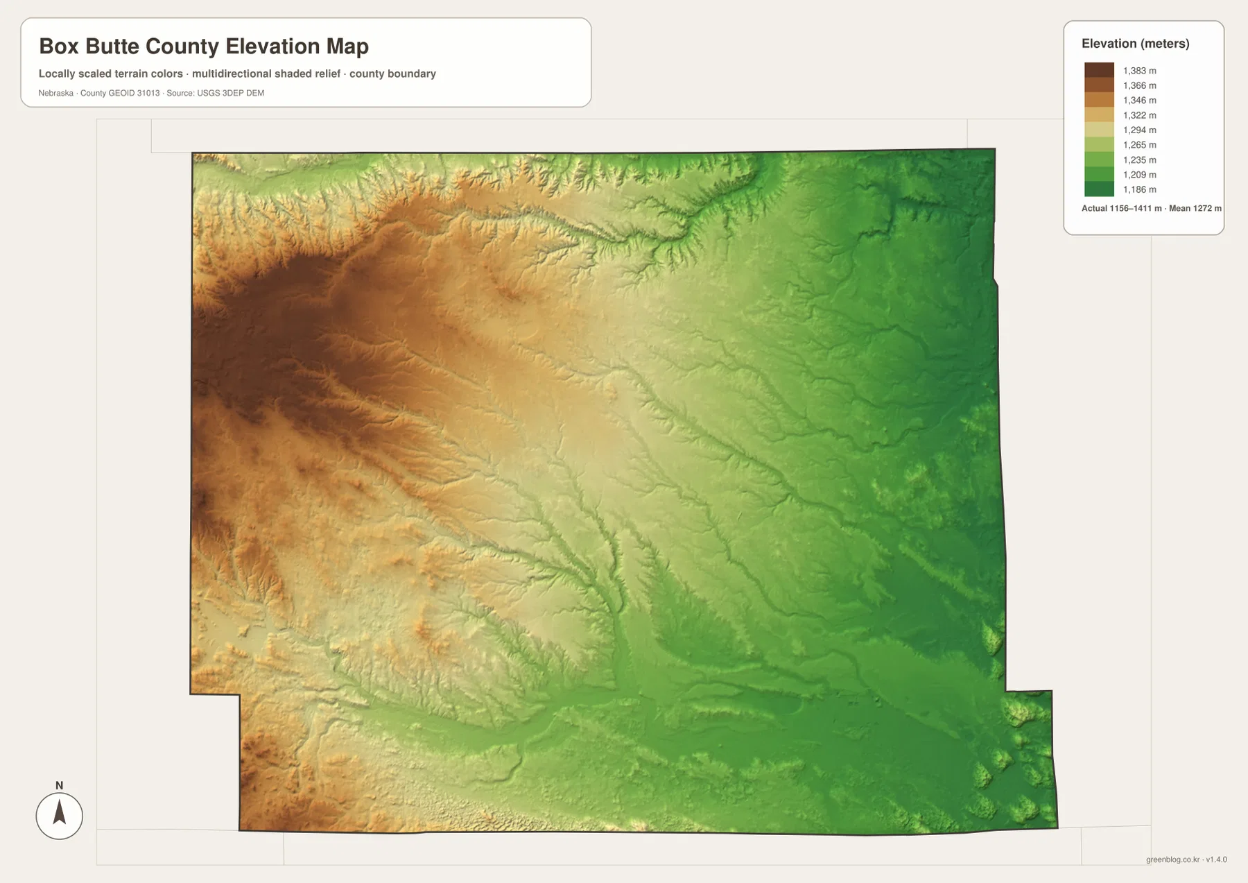 Box Butte County elevation map showing higher western ground and lower eastern and southeastern terrain