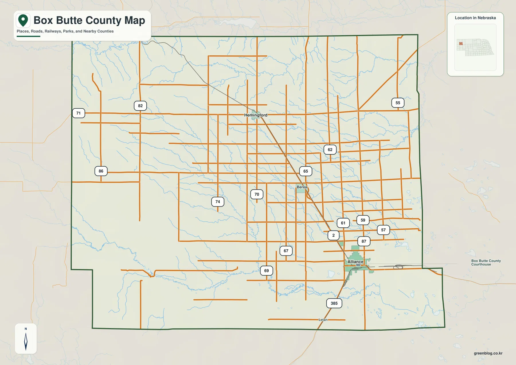 Box Butte County Nebraska map showing Alliance, Hemingford, Berea, highways, rail lines, and county boundaries