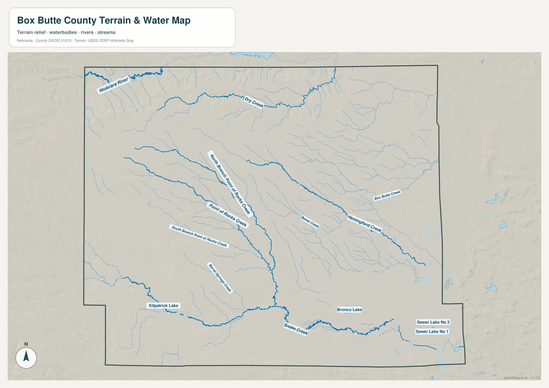 Box Butte County water map showing Niobrara River, Dike Creek, Point of Rocks Creek, Hemingford Creek, Box Butte Creek, and Snake Creek