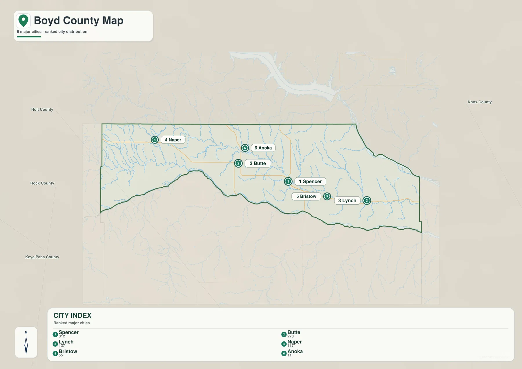 Boyd County city distribution map ranking Spencer, Butte, Lynch, Naper, Bristow, and Anoka