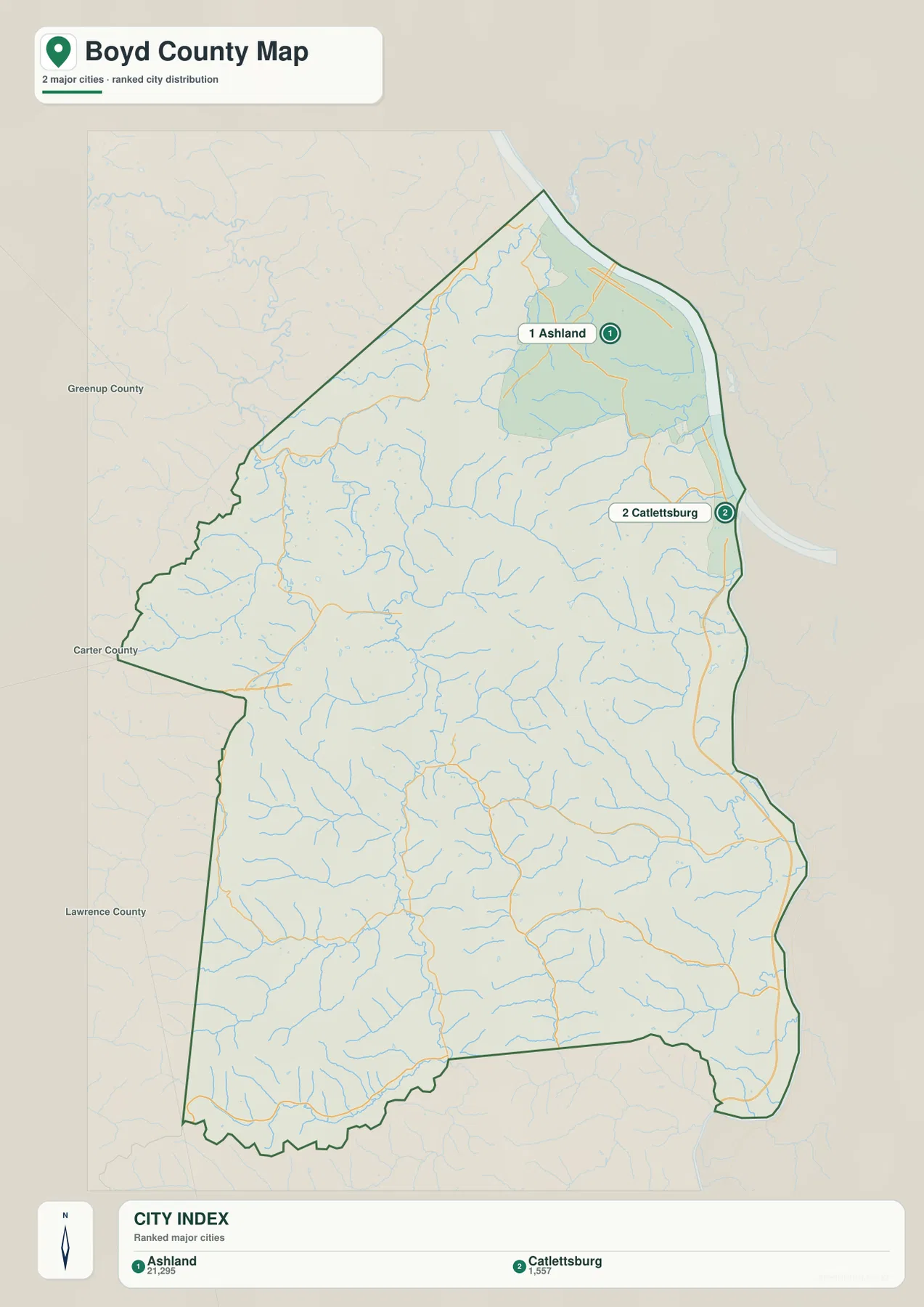 Boyd County Kentucky city map showing Ashland and Catlettsburg