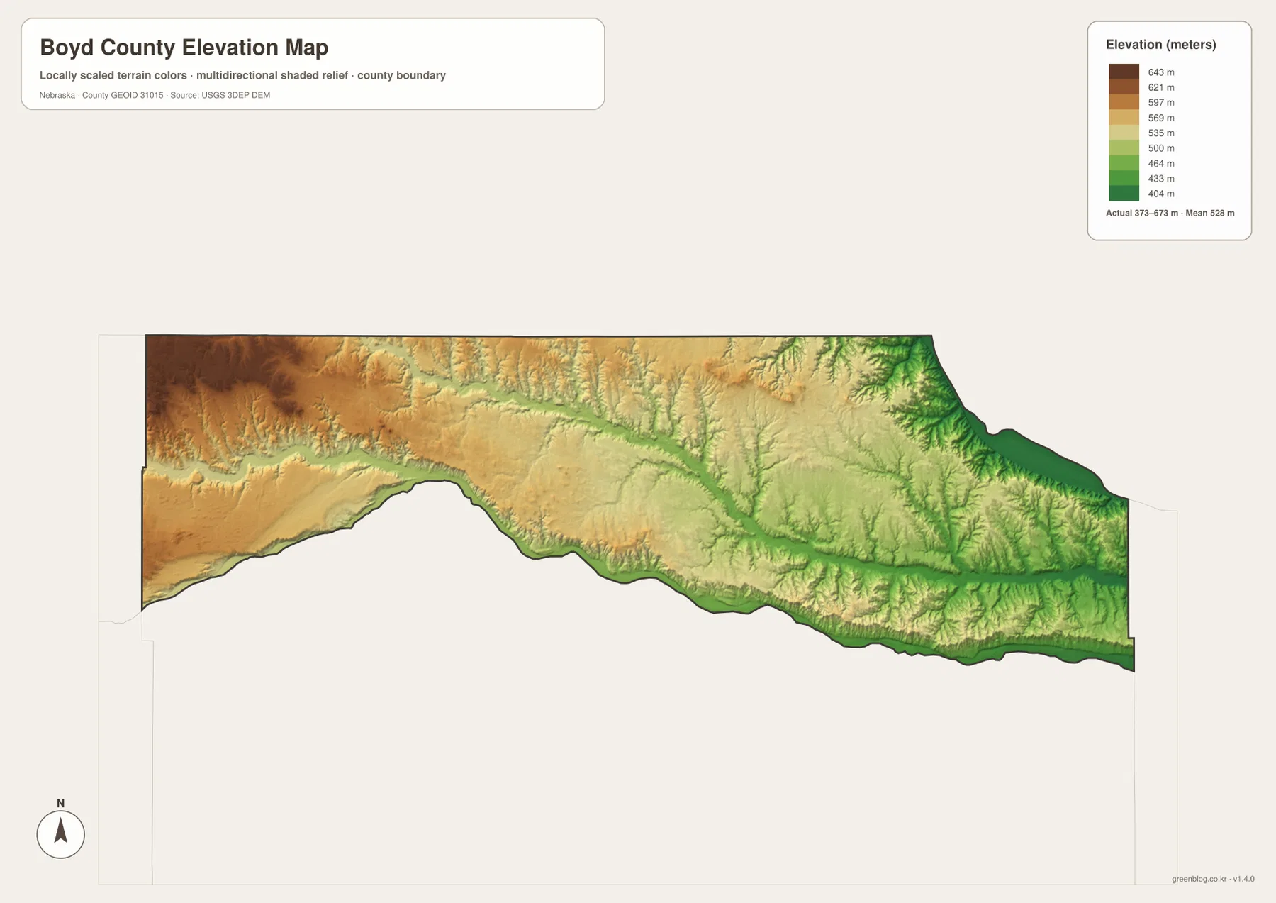 Boyd County elevation map showing higher western uplands and lower Niobrara and Missouri river valleys
