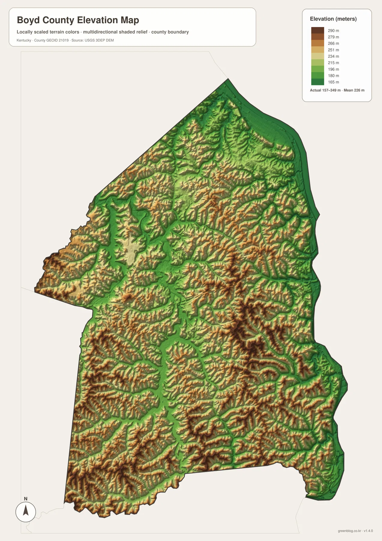 Boyd County Kentucky elevation map showing 157 to 349 meter relief, Ohio River lowlands and Appalachian ridges