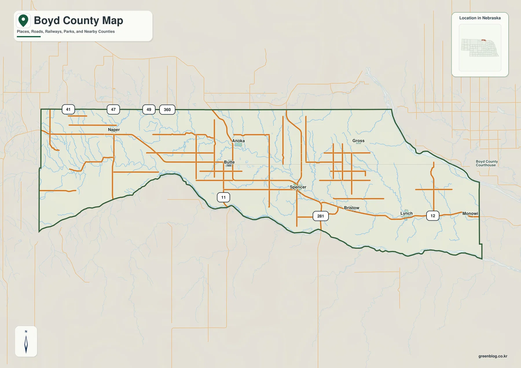 Boyd County Nebraska map showing Butte, Spencer, Lynch, Naper, highways, roads, and county boundaries