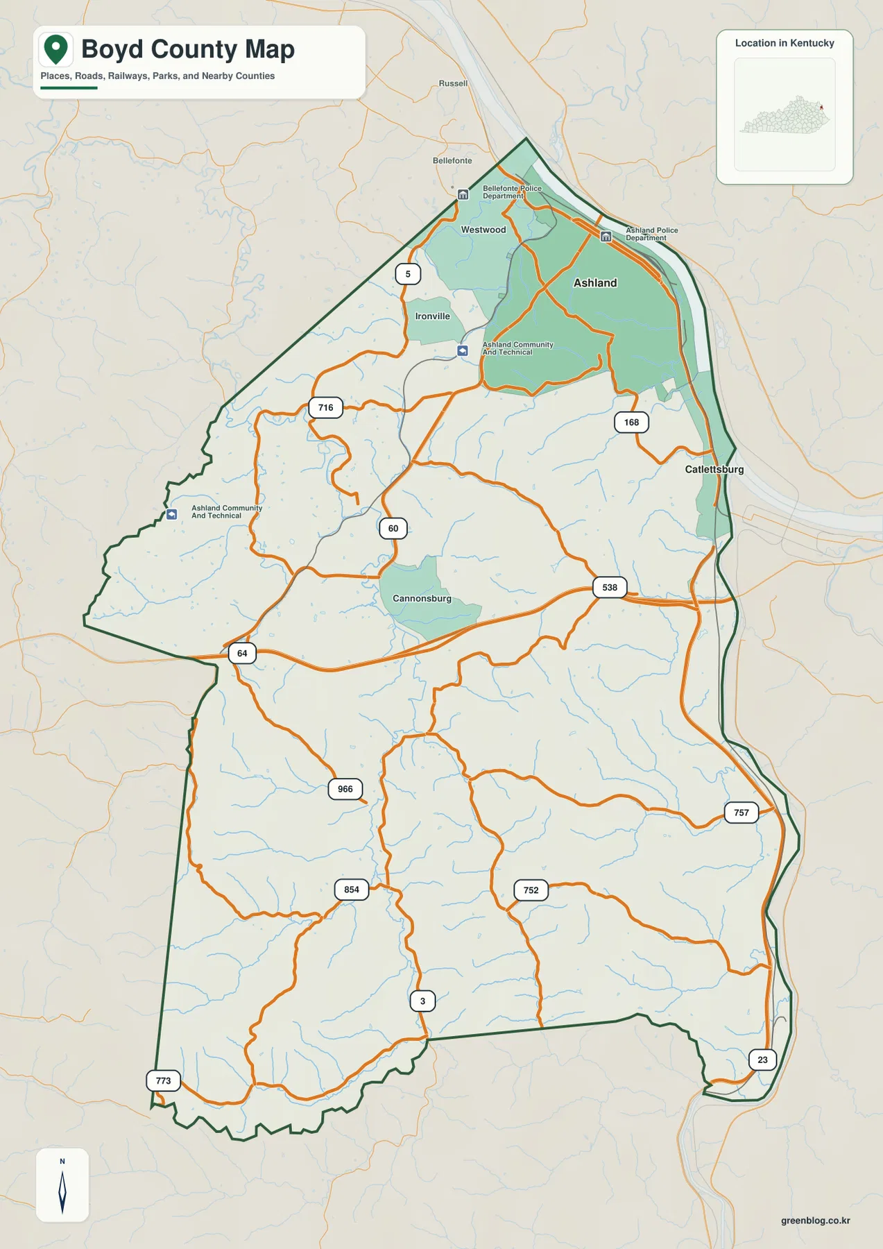 켄터키주 보이드 카운티 Ashland, Catlettsburg, Westwood, Cannonsburg와 주요 도로 지도