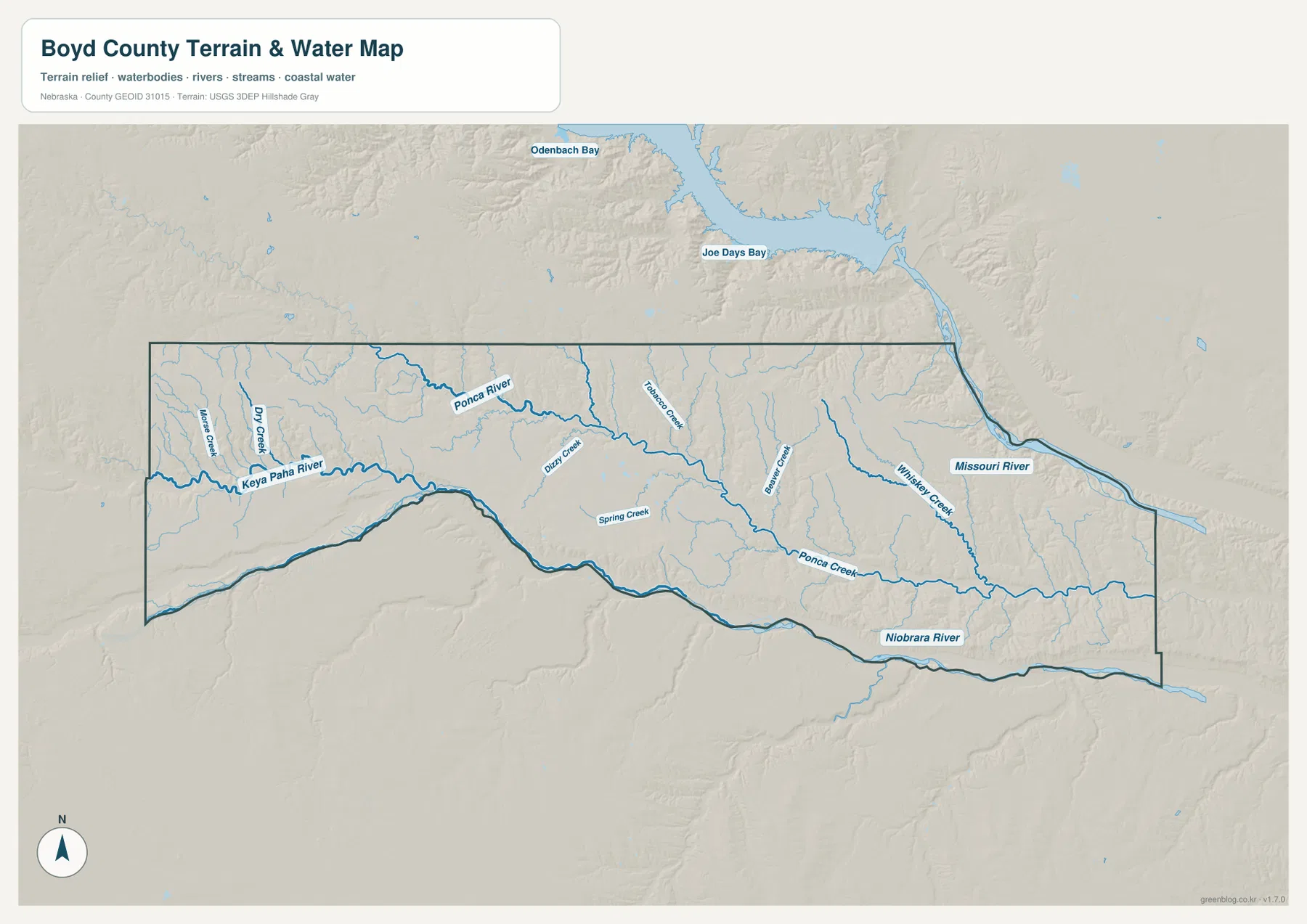 Boyd County water map showing Keya Paha River, Ponca River, Ponca Creek, Niobrara River, and Missouri River