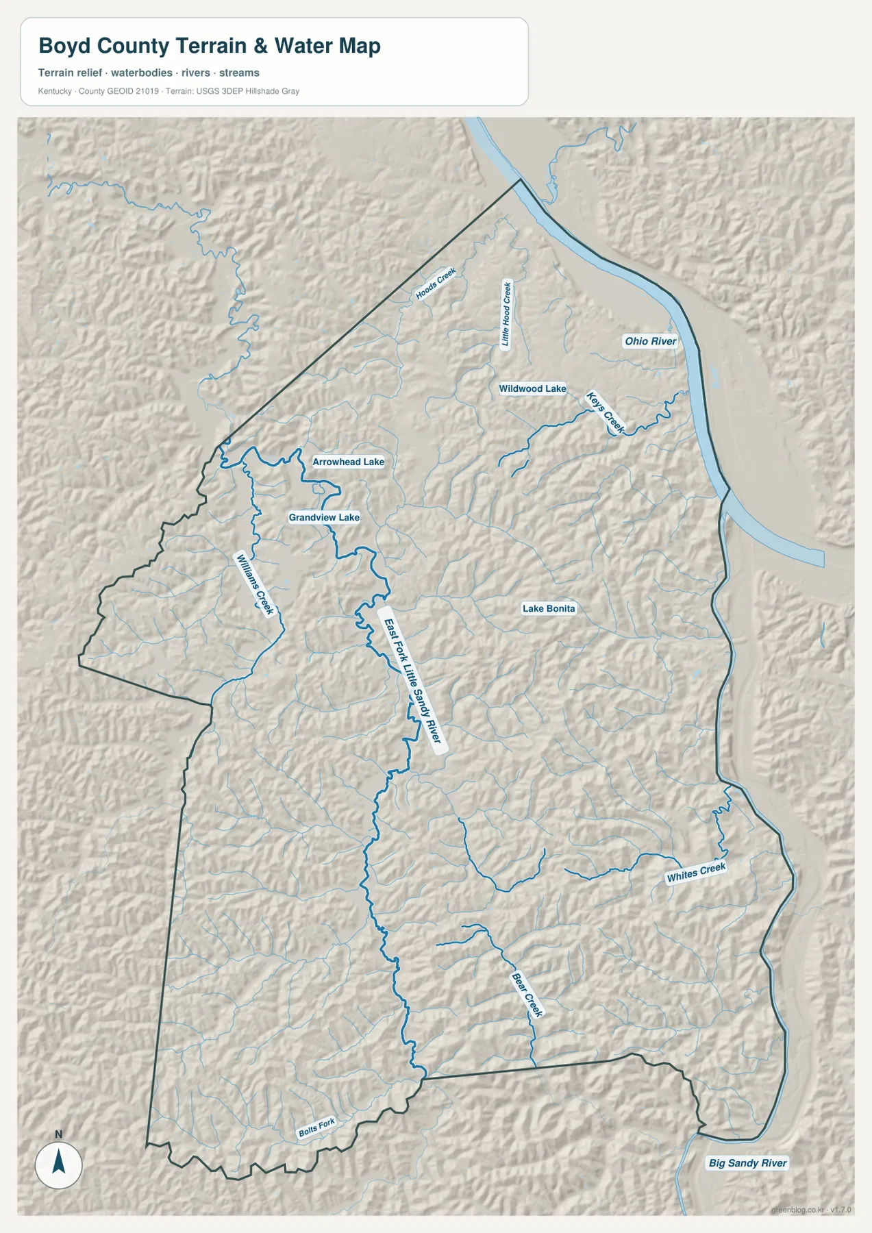 보이드 카운티 Ohio River, Big Sandy River, East Fork Little Sandy River, Williams Creek와 Keys Creek 수역 지도