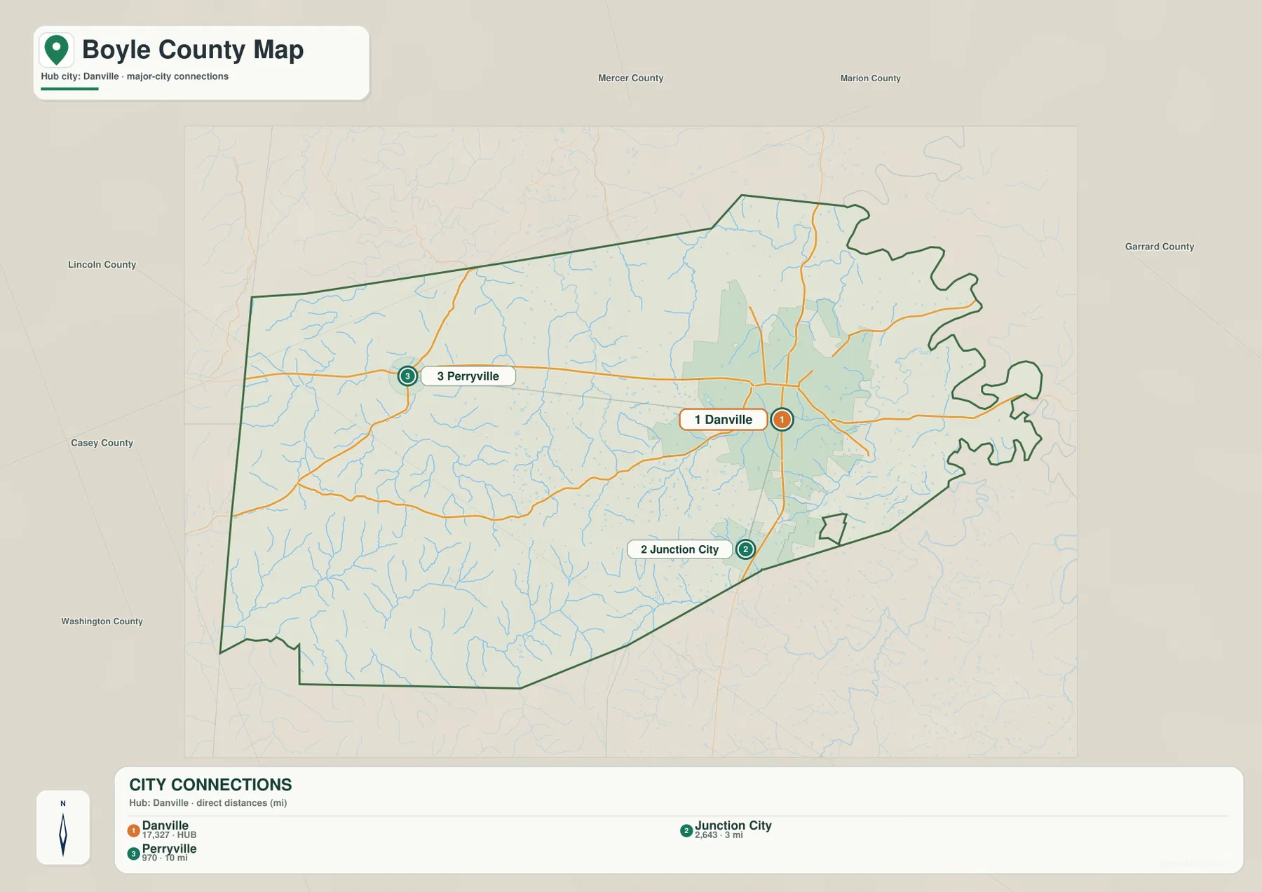 Boyle County Kentucky city connections map showing Danville, Junction City and Perryville