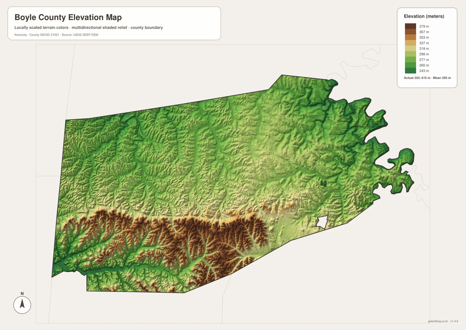 Boyle County Kentucky elevation map showing 202 to 415 meter relief, lower Danville terrain and high southwestern Knobs