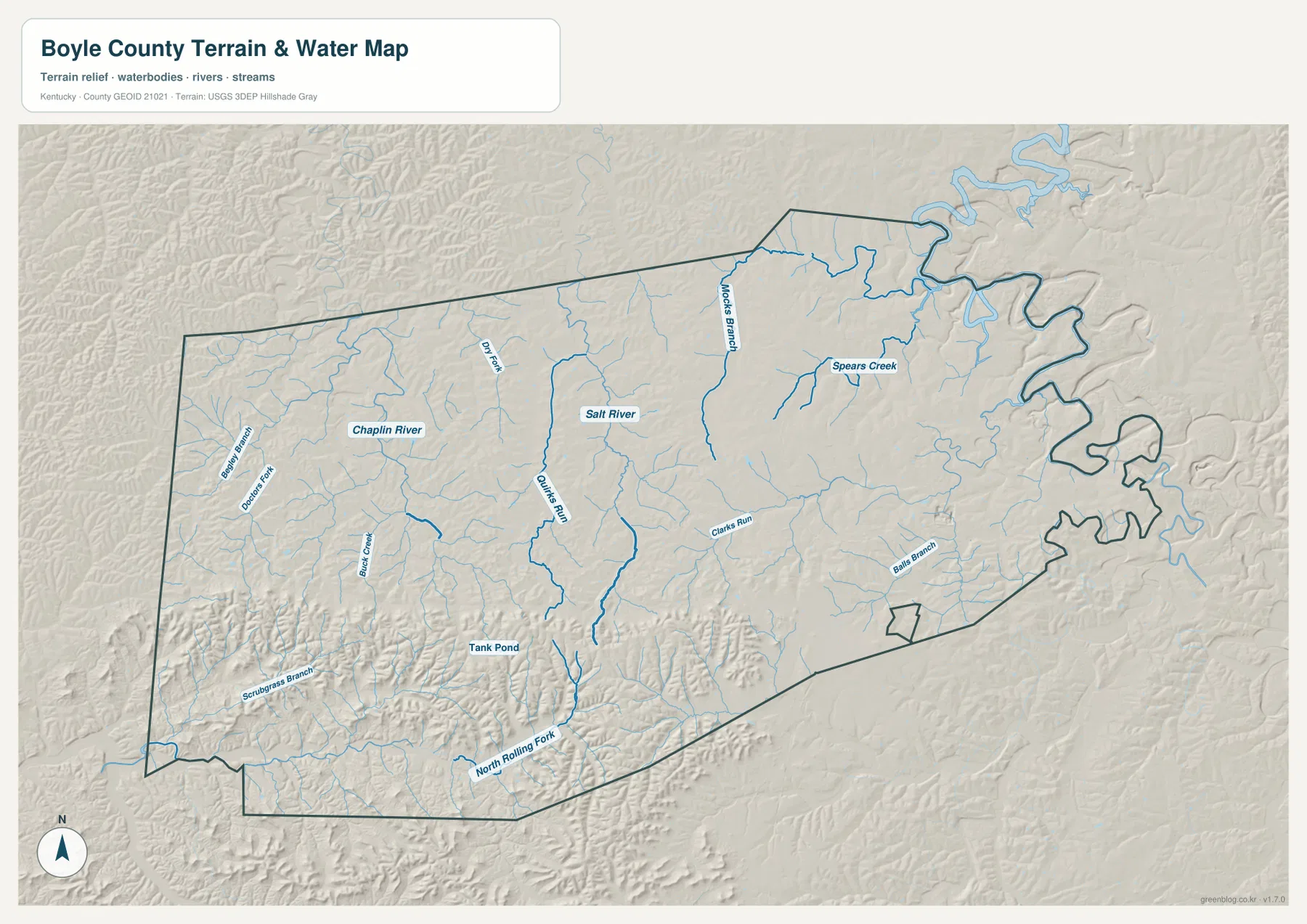 Boyle County Kentucky terrain and water map showing Chaplin River, Salt River, Quirks Run, Spears Creek and North Rolling Fork