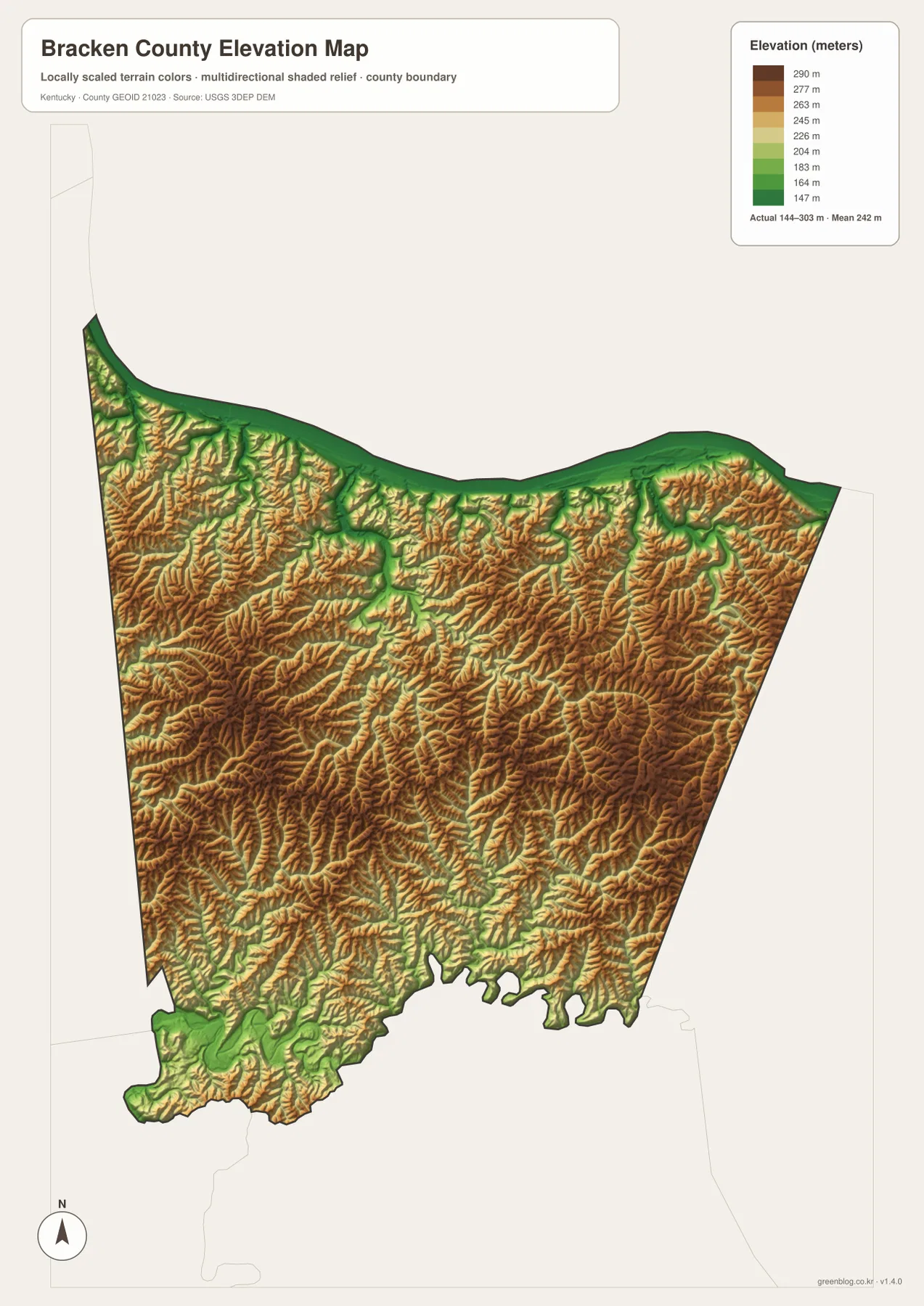 Bracken County Kentucky elevation map showing 144 to 303 meter relief, Ohio River lowlands and dissected interior hills
