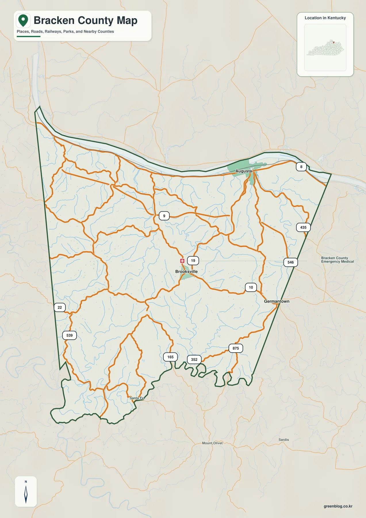 Bracken County Kentucky map showing Augusta, Brooksville, Germantown, KY 8, KY 9, KY 10 and KY 19