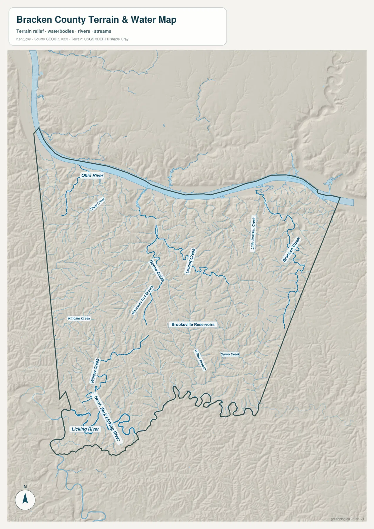 Bracken County Kentucky terrain and water map showing Ohio River, Locust Creek, Bracken Creek, Little Bracken Creek and Goose Creek