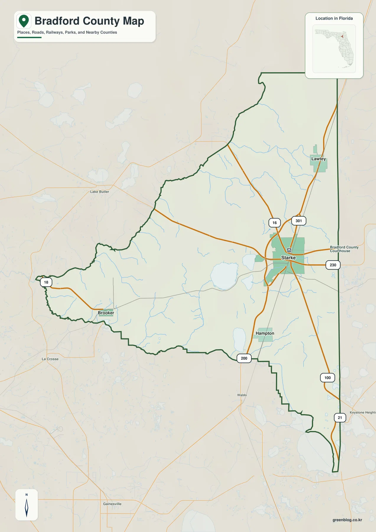 Bradford County Florida map showing Starke, Lawtey, Hampton, Brooker, county boundaries, and major roads
