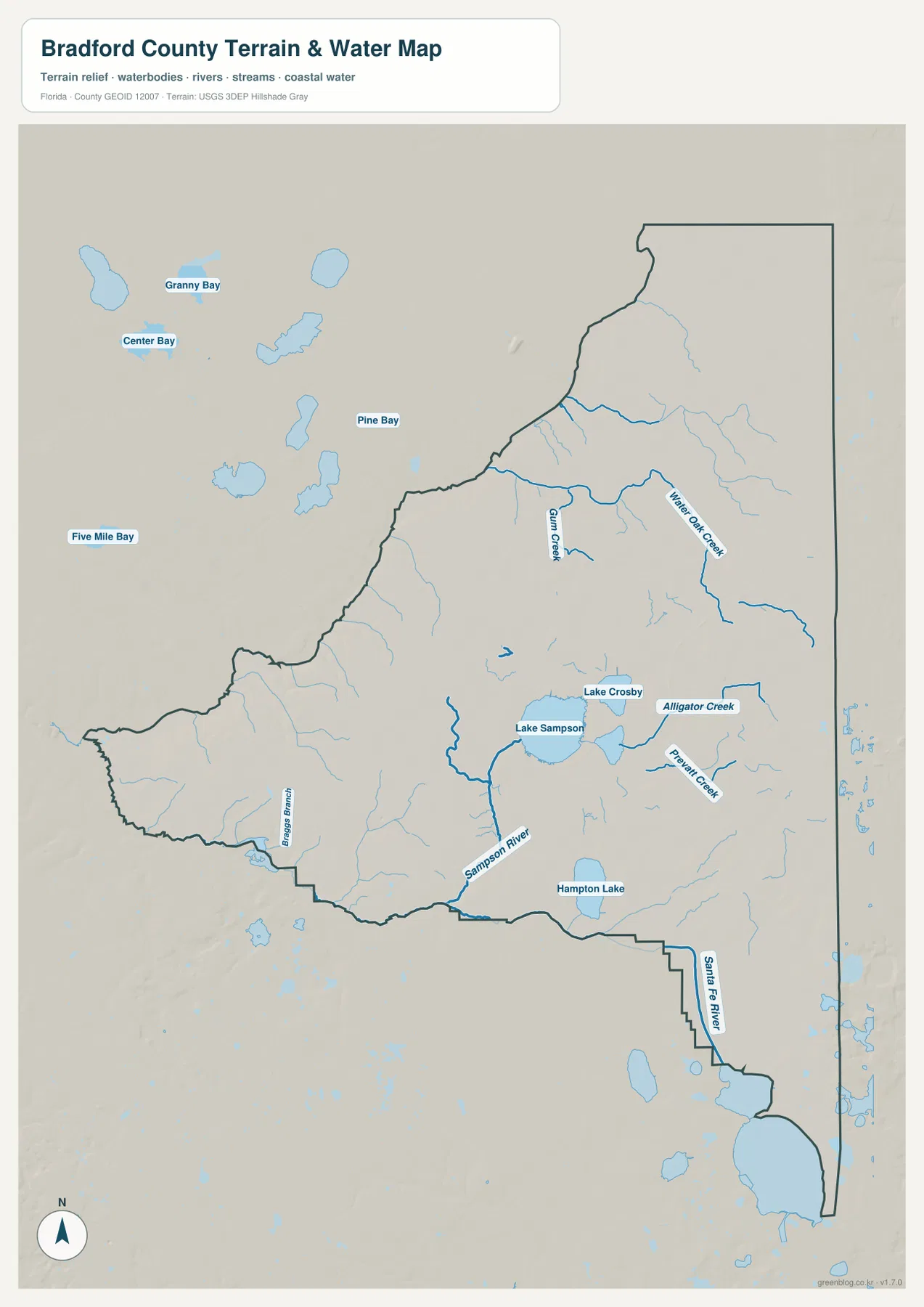 Bradford County terrain and water map showing Lake Sampson, Lake Crosby, Hampton Lake, Sampson River, creeks, and Santa Fe River