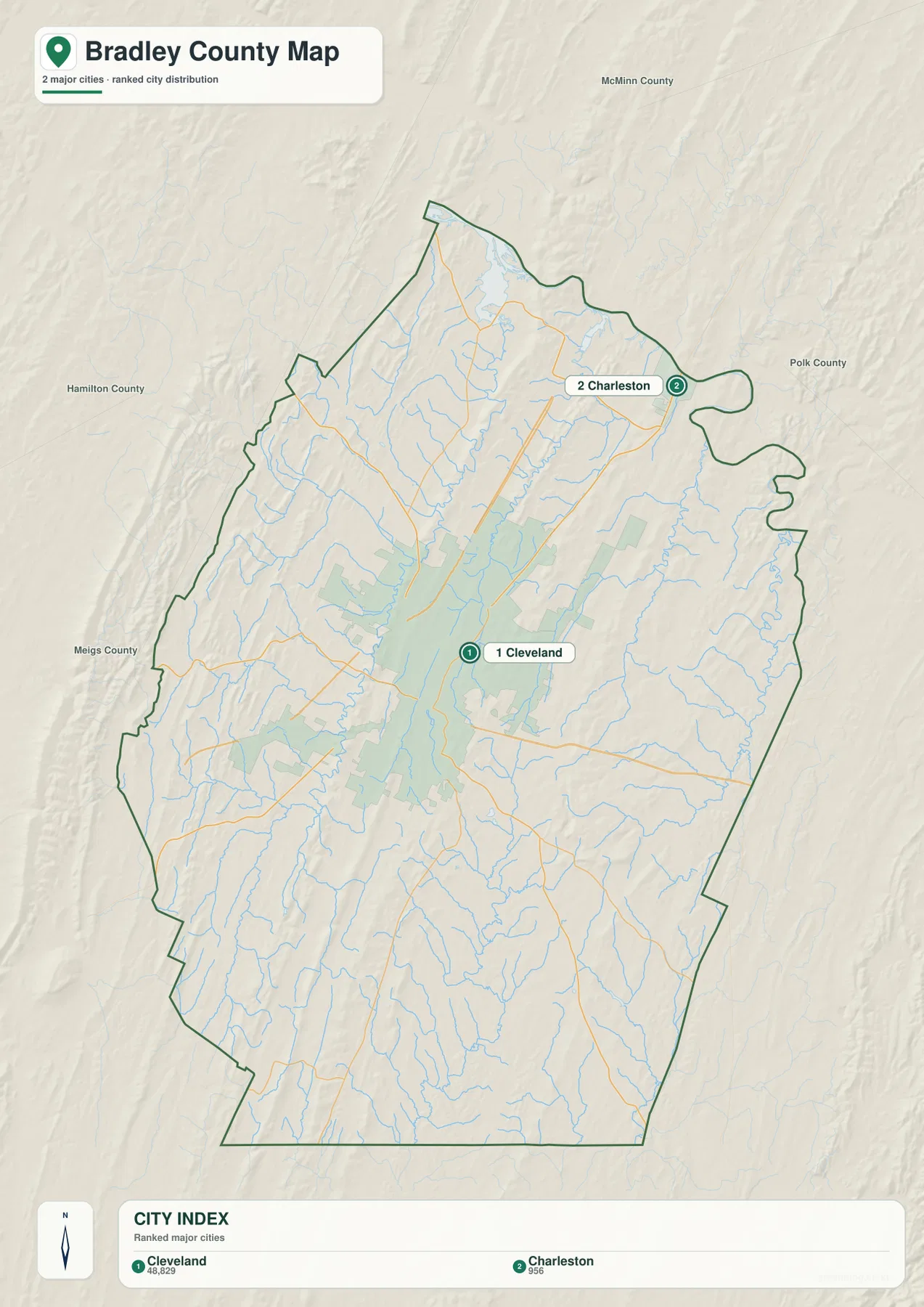 Bradley County city map comparing the locations of Cleveland and Charleston