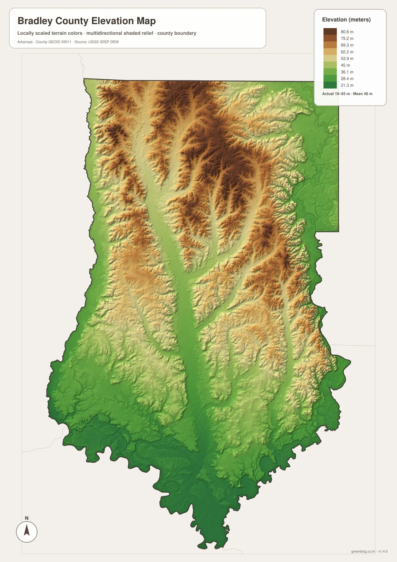 Bradley County Arkansas elevation map with an actual range of about 19 to 93 meters and shaded relief