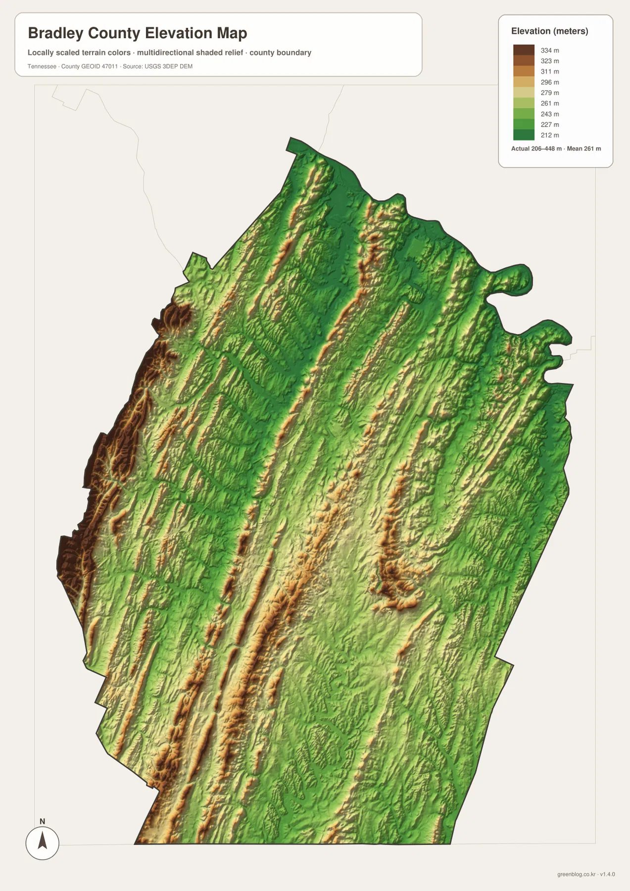 Bradley County elevation map showing terrain from about 206 to 448 meters and parallel ridges