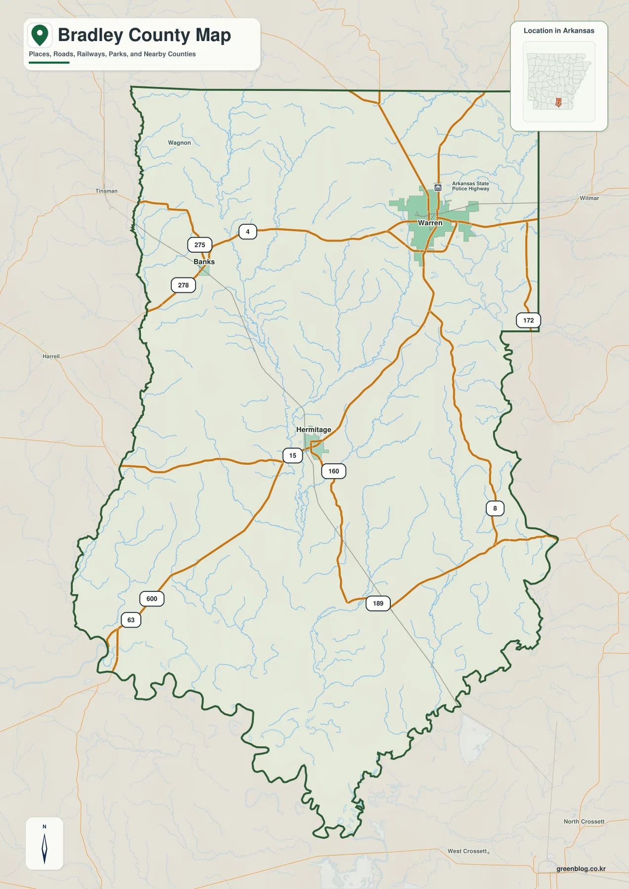 Bradley County Arkansas map showing Warren, Banks, Hermitage, county boundaries, roads, railways, and streams