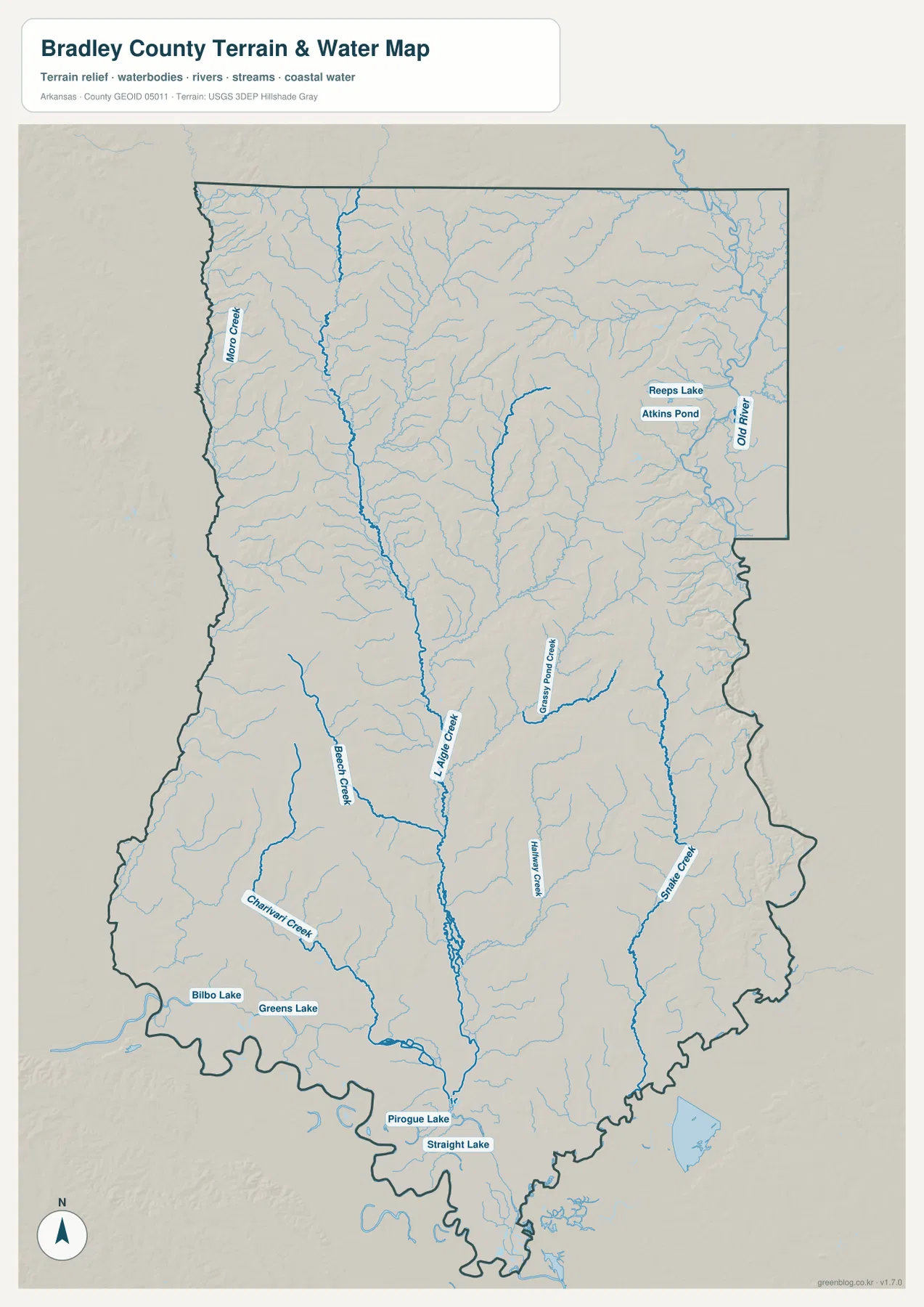 Bradley County terrain and water map showing L’Aigle Creek, Moro Creek, Snake Creek, lakes, ponds, and smaller streams