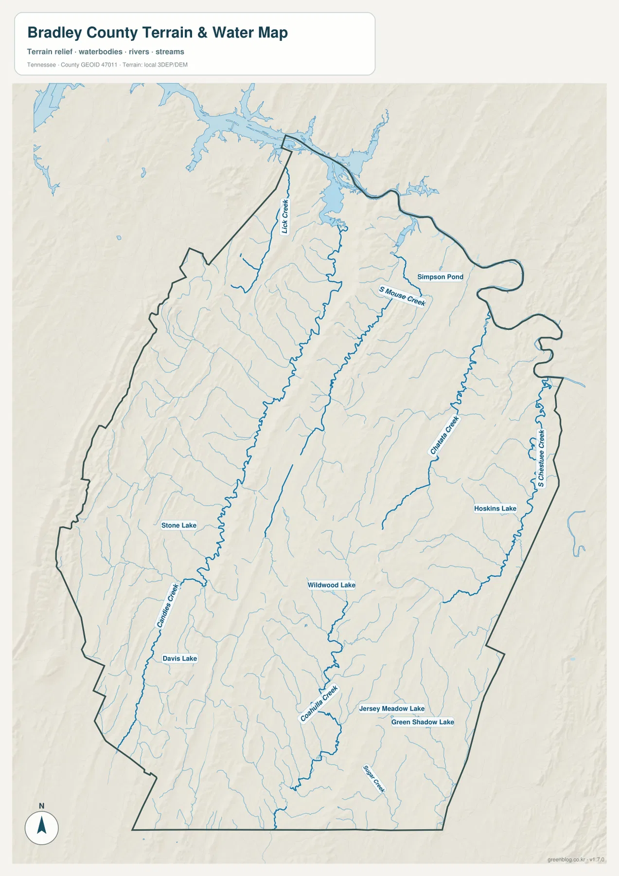 Bradley County water map showing Candies Creek, Lick Creek, Chatata Creek, Coahulla Creek, lakes, and ponds