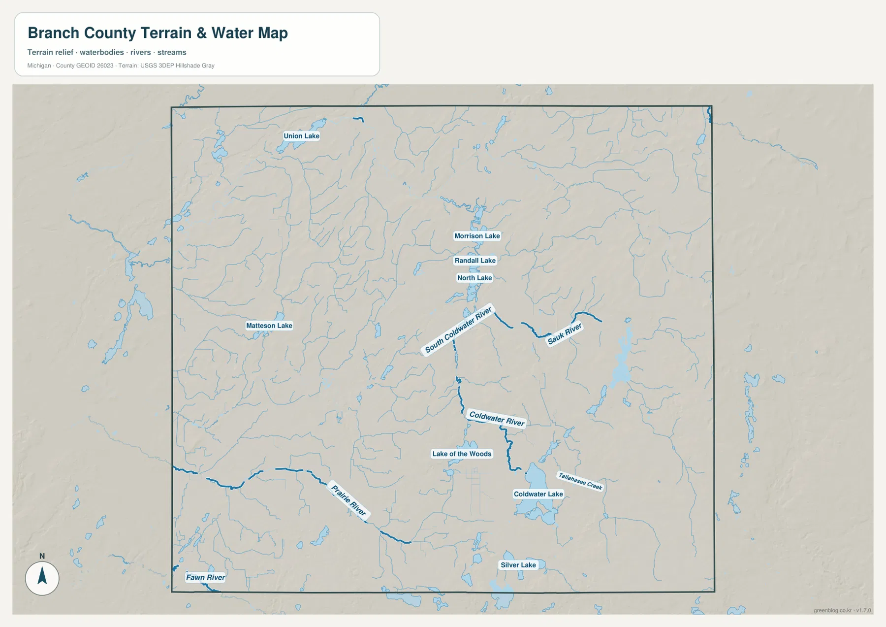 Coldwater River, South Coldwater River, Sauk River, Prairie River, Fawn River, Coldwater Lake, Silver Lake와 여러 호수가 표시된 Branch County 지형 수역 지도