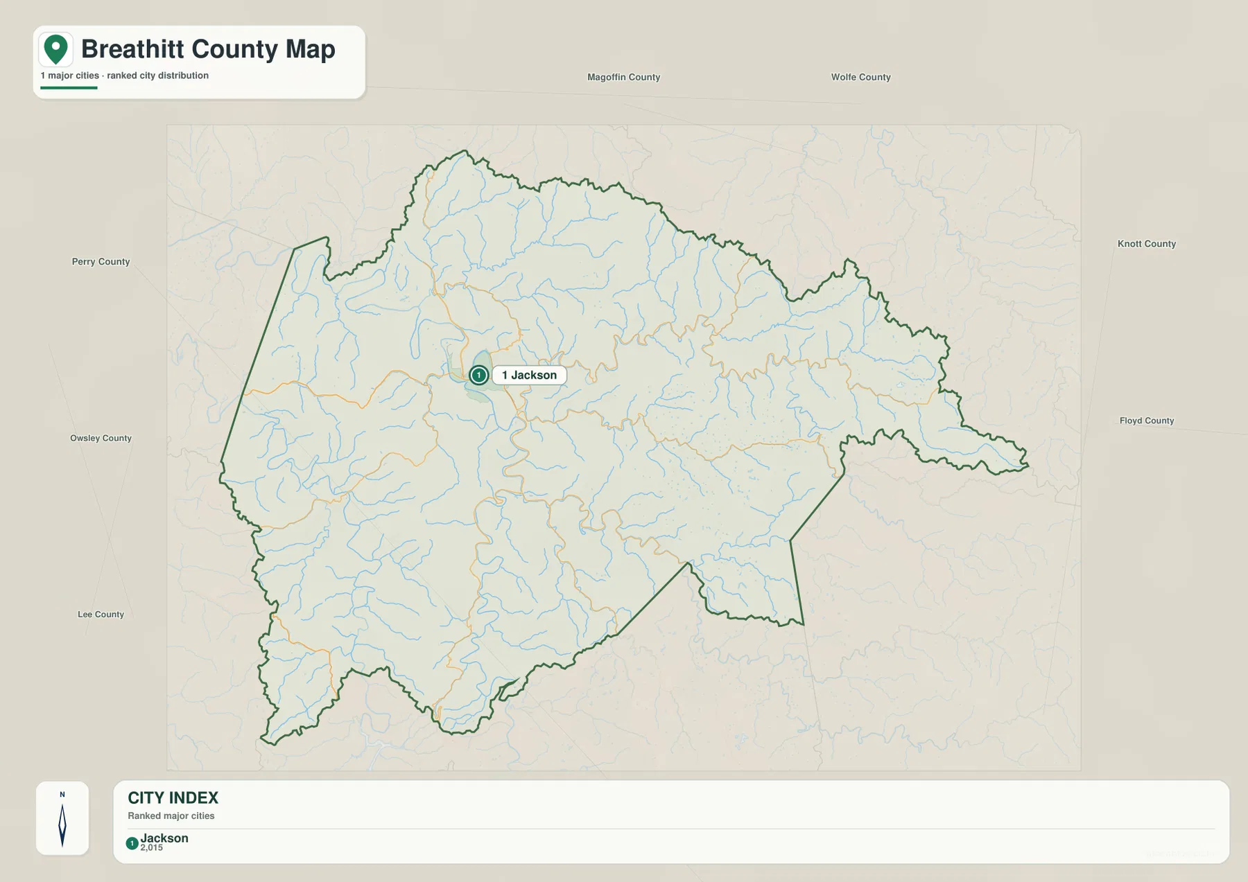 Breathitt County city map emphasizing Jackson and neighboring counties