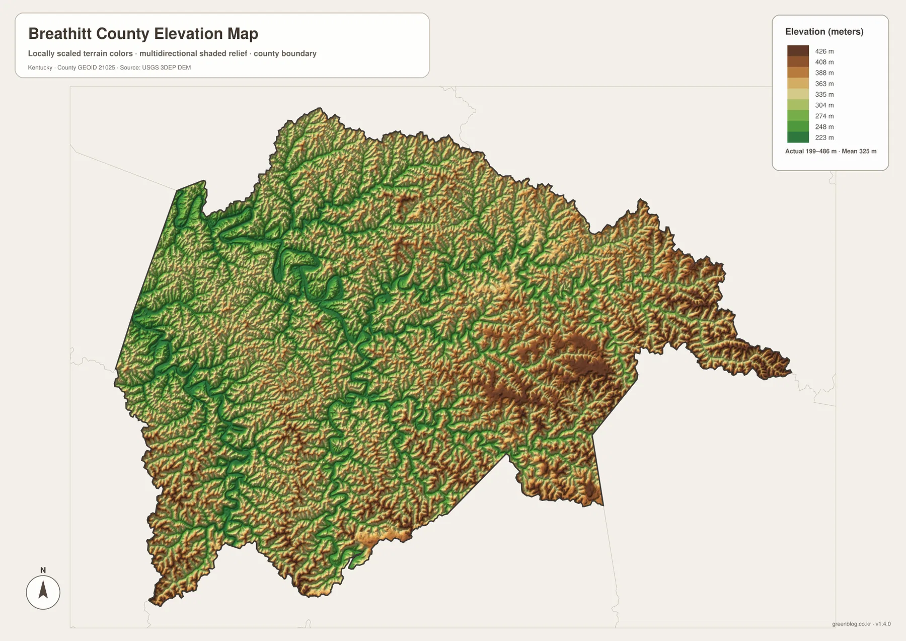 Breathitt County elevation map showing ridges and lower stream valleys