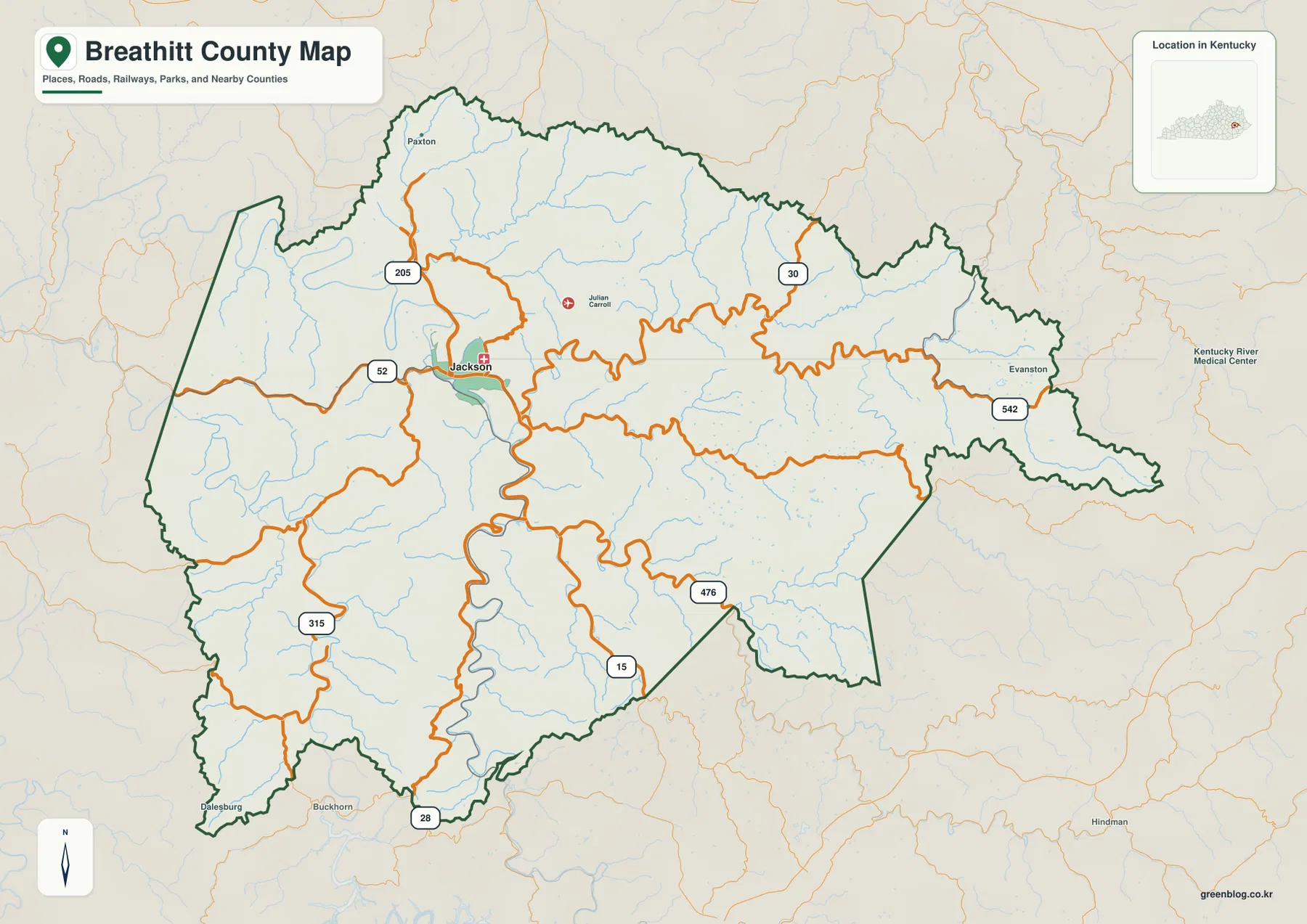 Breathitt County map showing Jackson, major roads, streams, and the county boundary