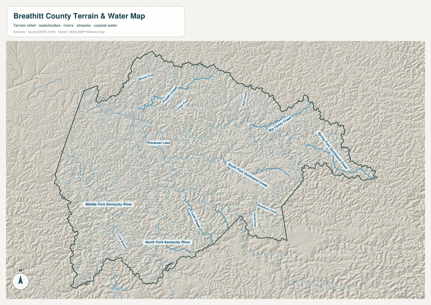 Breathitt County terrain and water map with Kentucky River forks, Panbowl Lake, and named creeks