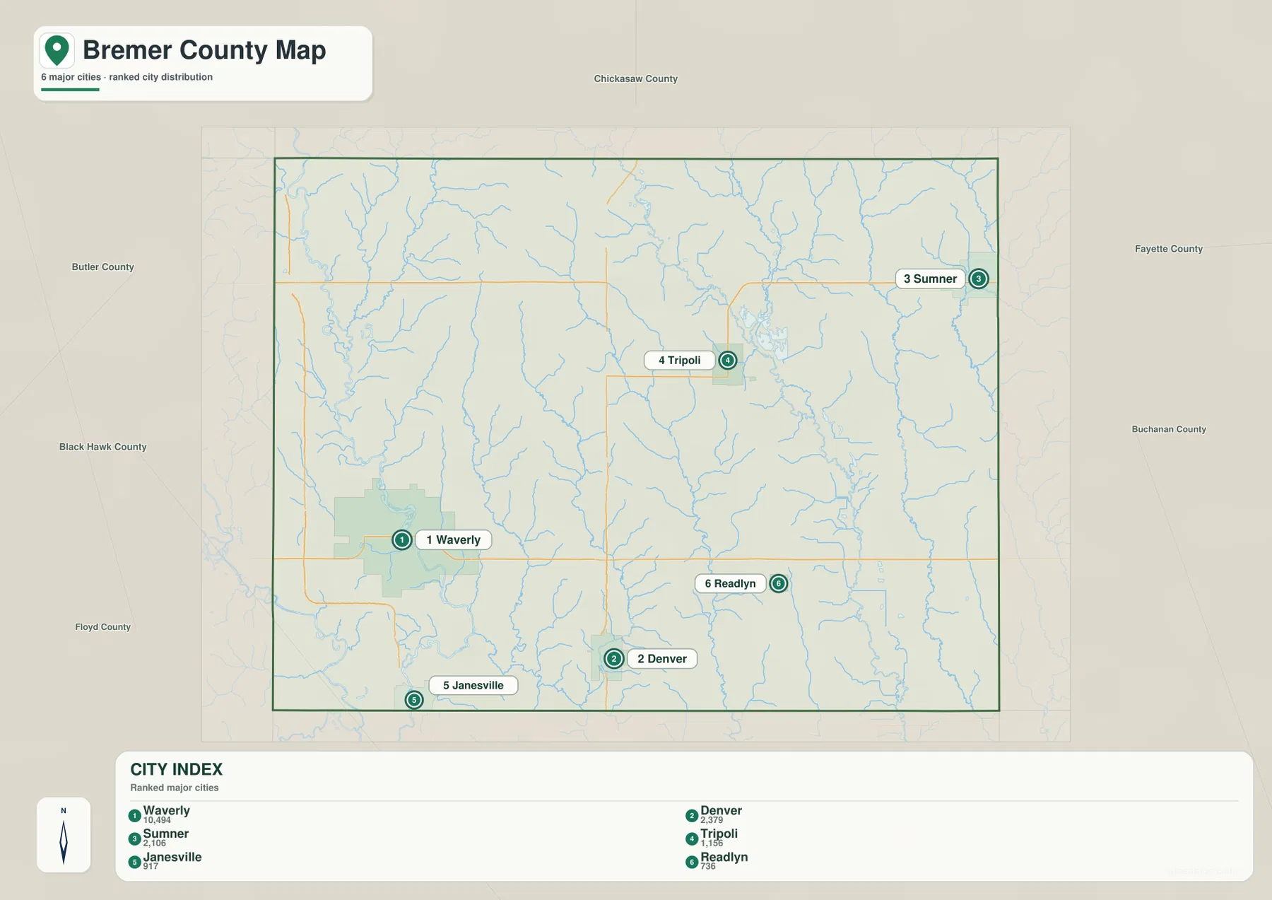 Bremer County city map ranking Waverly, Denver, Sumner, Tripoli, Janesville and Readlyn