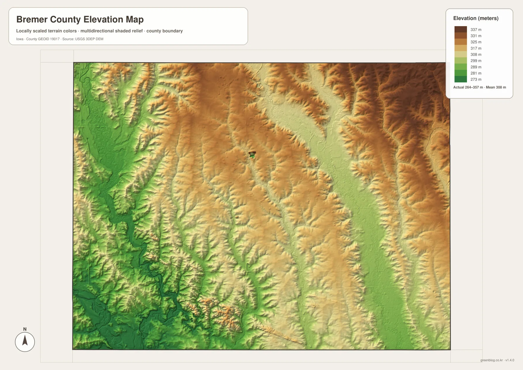 Bremer County elevation map showing lower western ground and higher eastern ridges