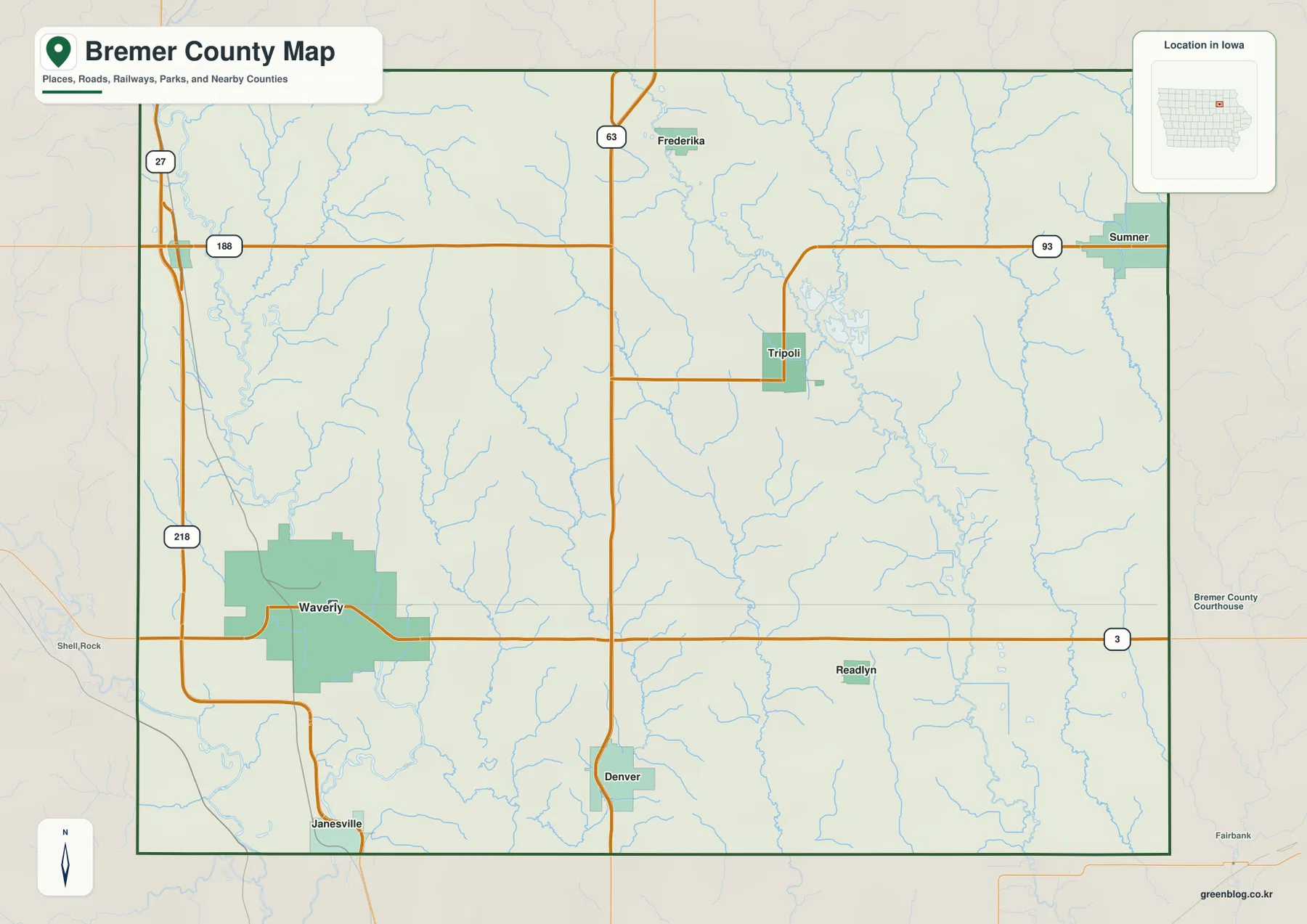 Bremer County Iowa map showing Waverly, Denver, Tripoli, Sumner and major highways