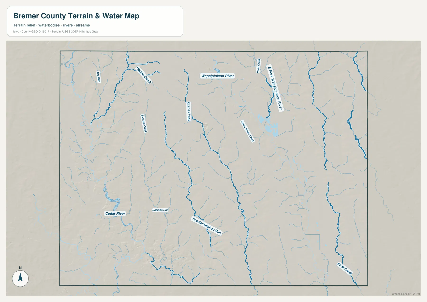 Bremer County terrain and water map with Cedar River, Wapsipinicon River and tributaries