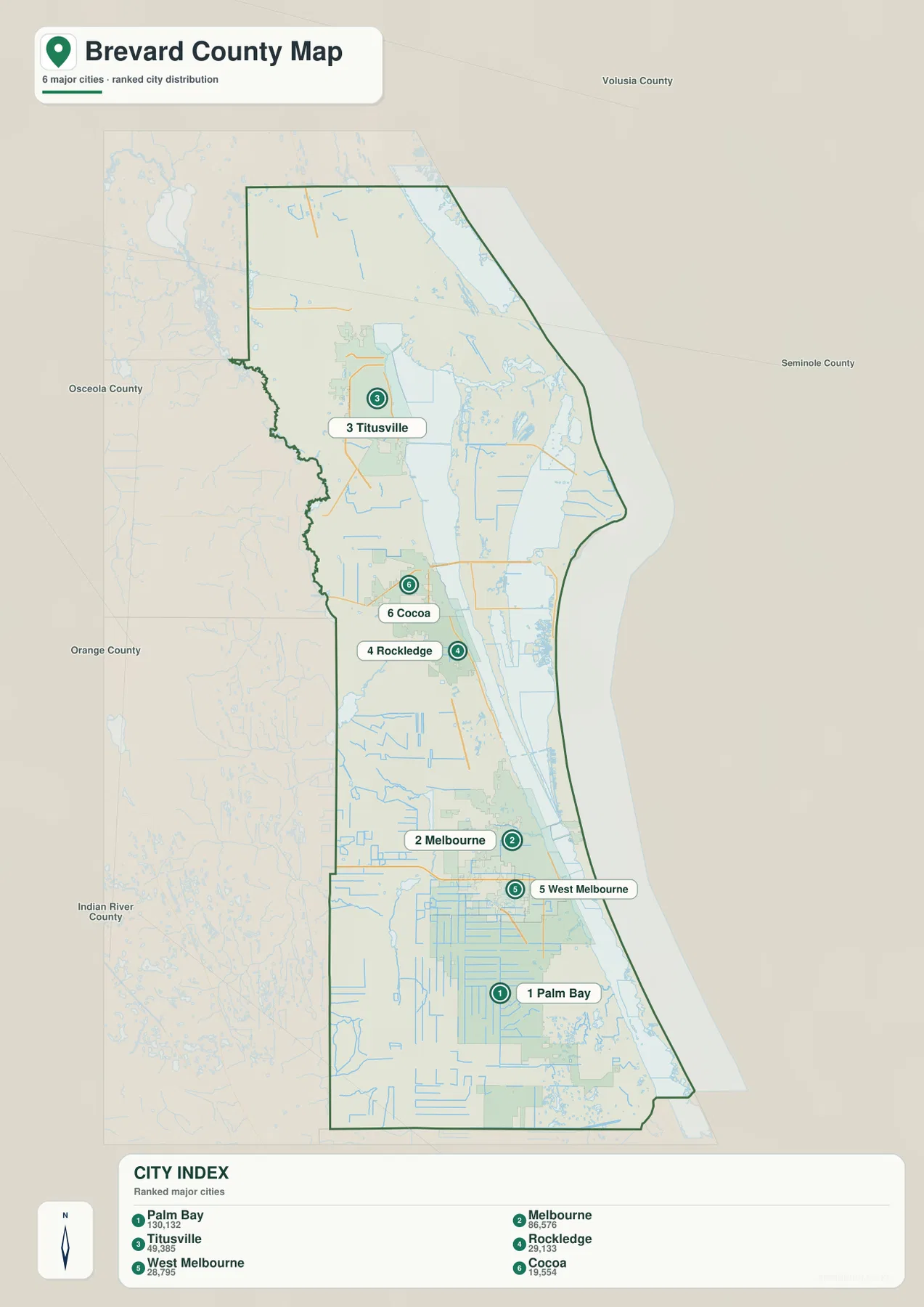 Brevard County city map showing Palm Bay, Melbourne, Titusville, Rockledge, West Melbourne and Cocoa