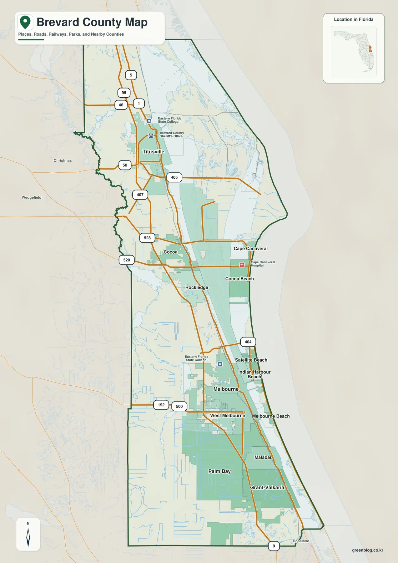 Brevard County Florida map showing Titusville, Cocoa, Melbourne, Palm Bay and major roads