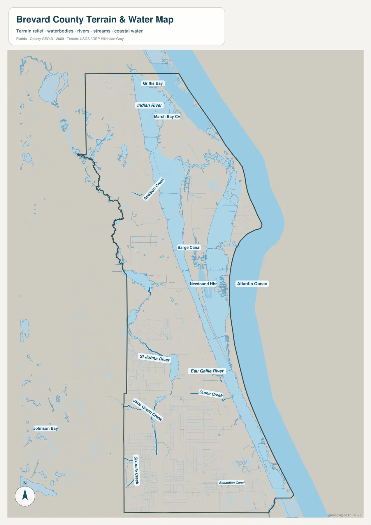 Brevard County water map showing Indian River, St. Johns River, Eau Gallie River, Crane Creek, Sebastian Canal and Atlantic Ocean